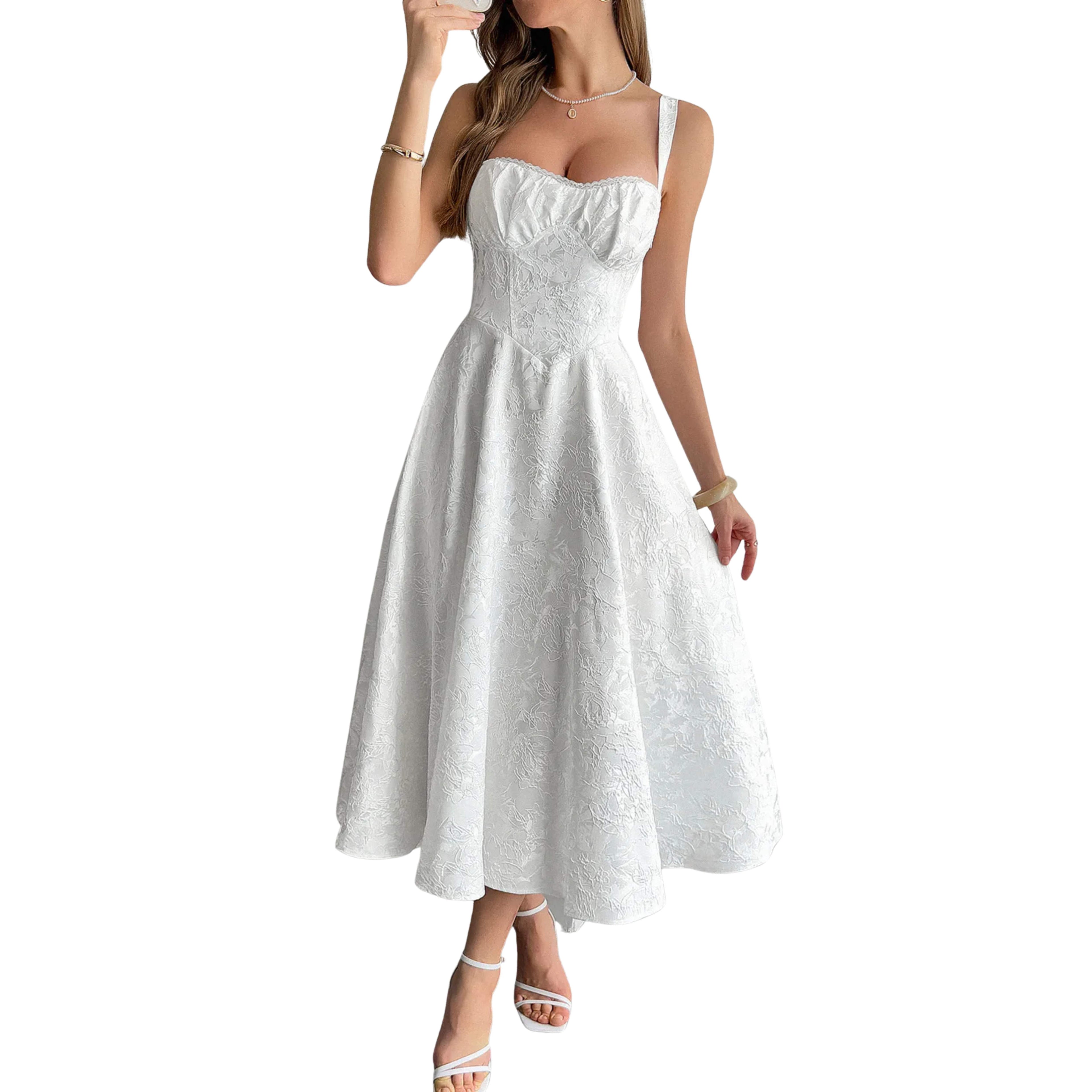 White dress worn by a model on a white background