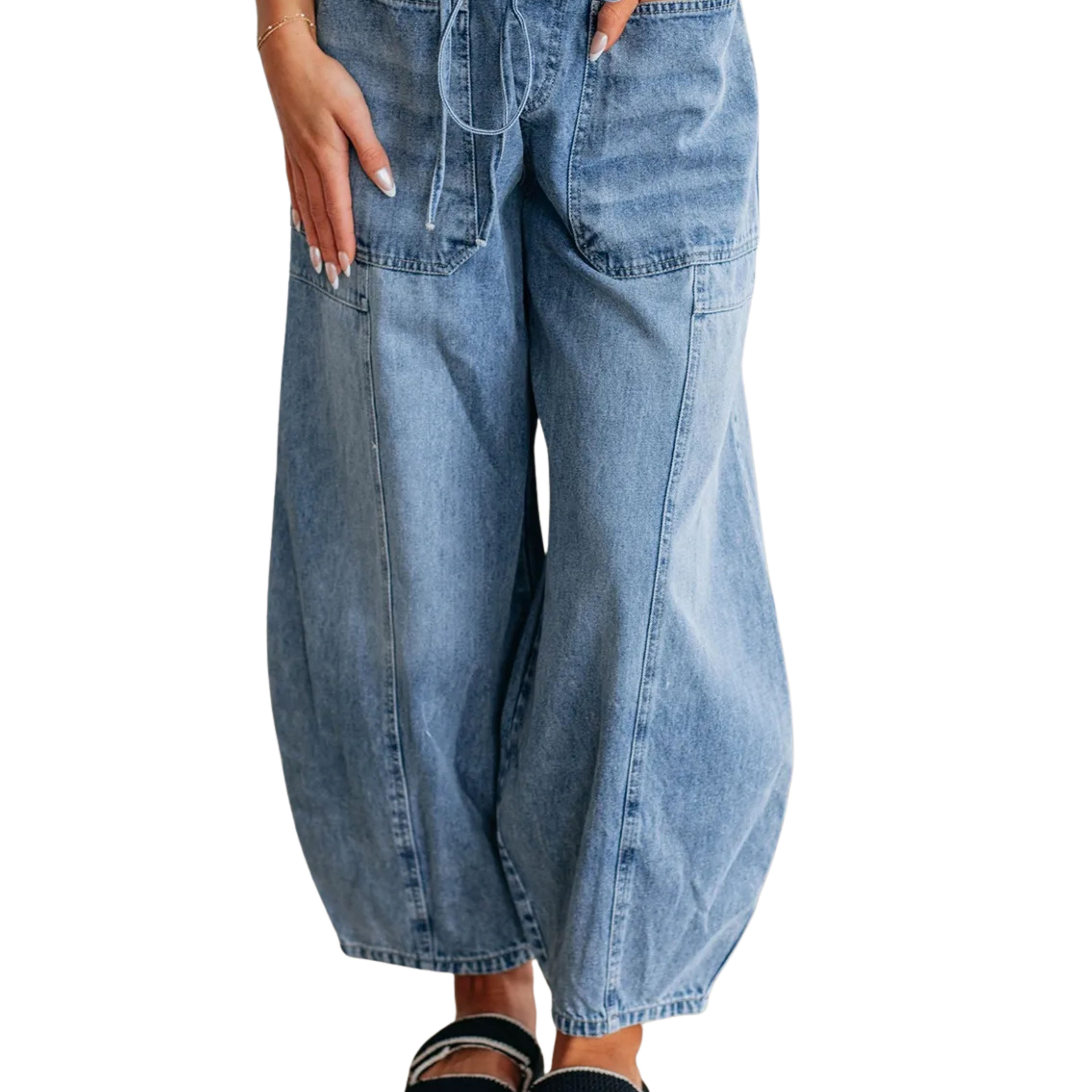 Light blue denim wide-leg jeans on a white background