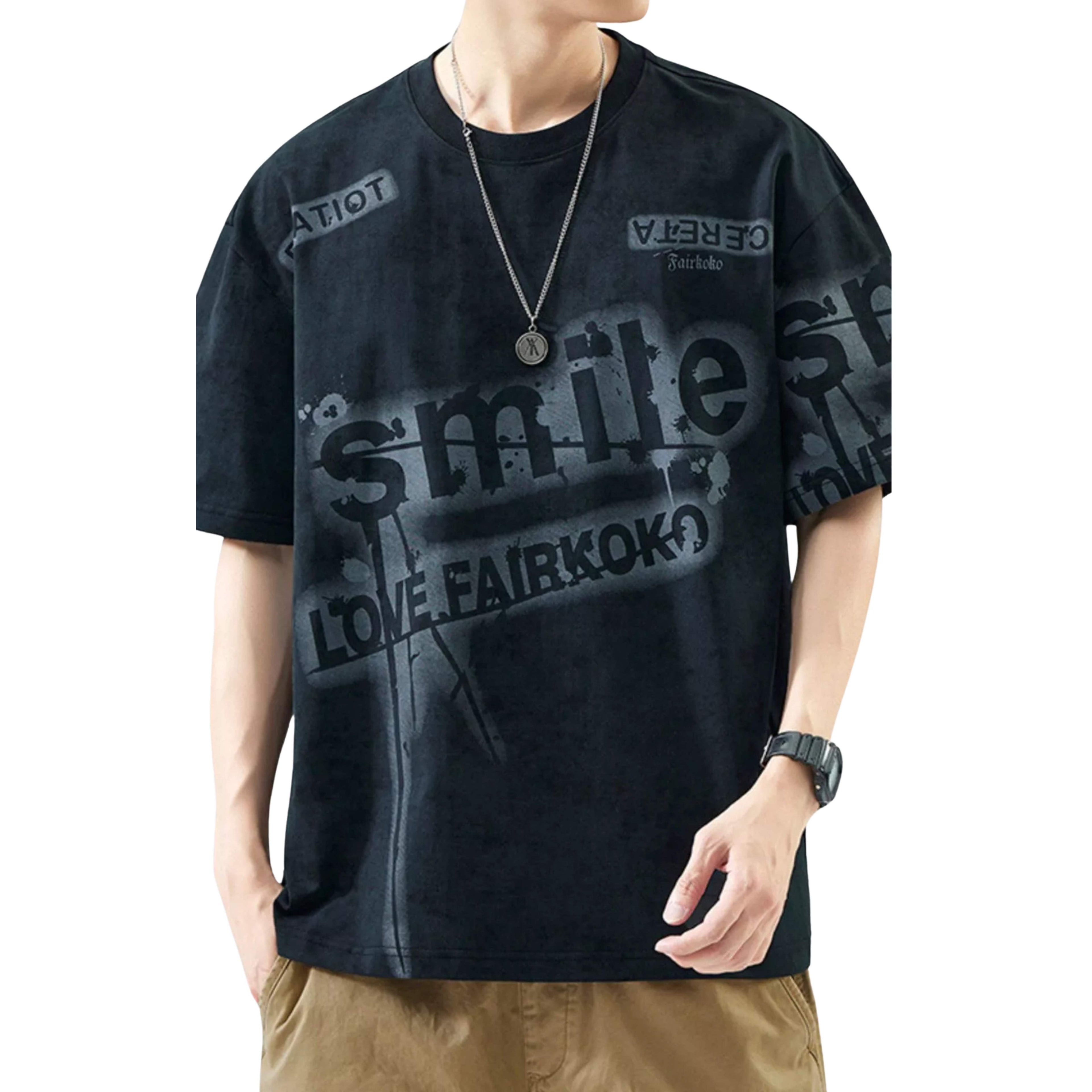 Person wearing a black t-shirt with text and graphics on a white background