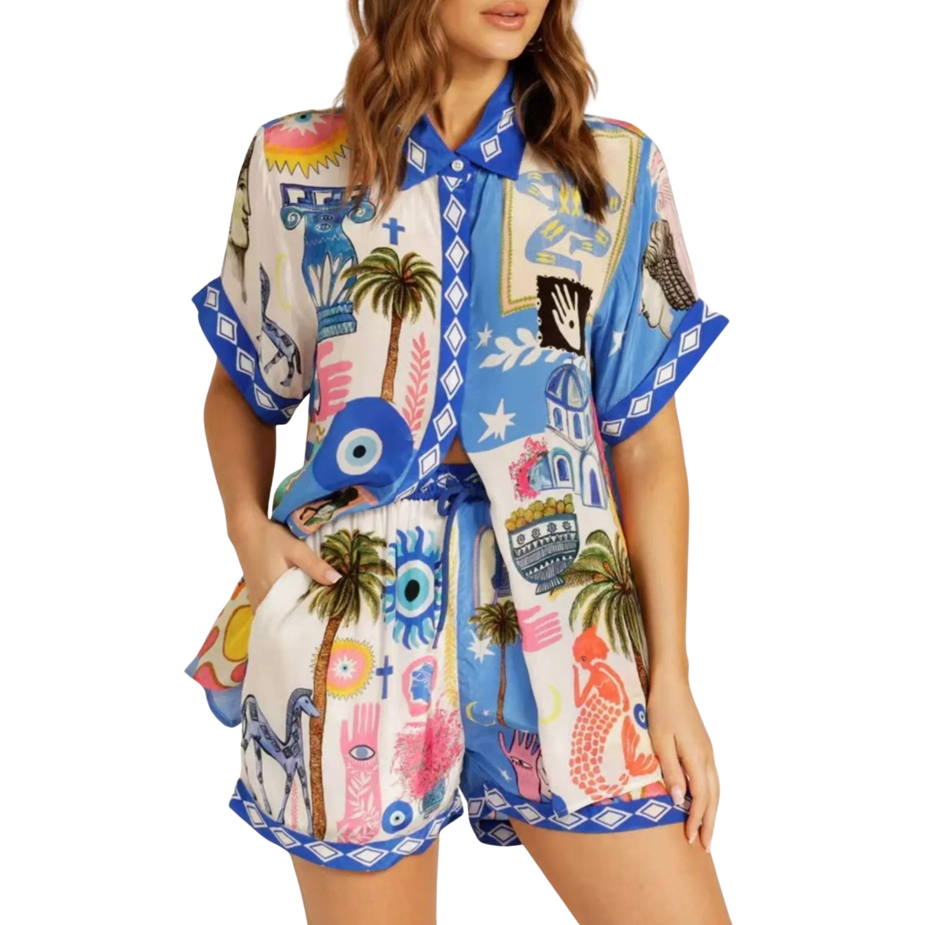 Woman wearing a colorful patterned outfit on a white background