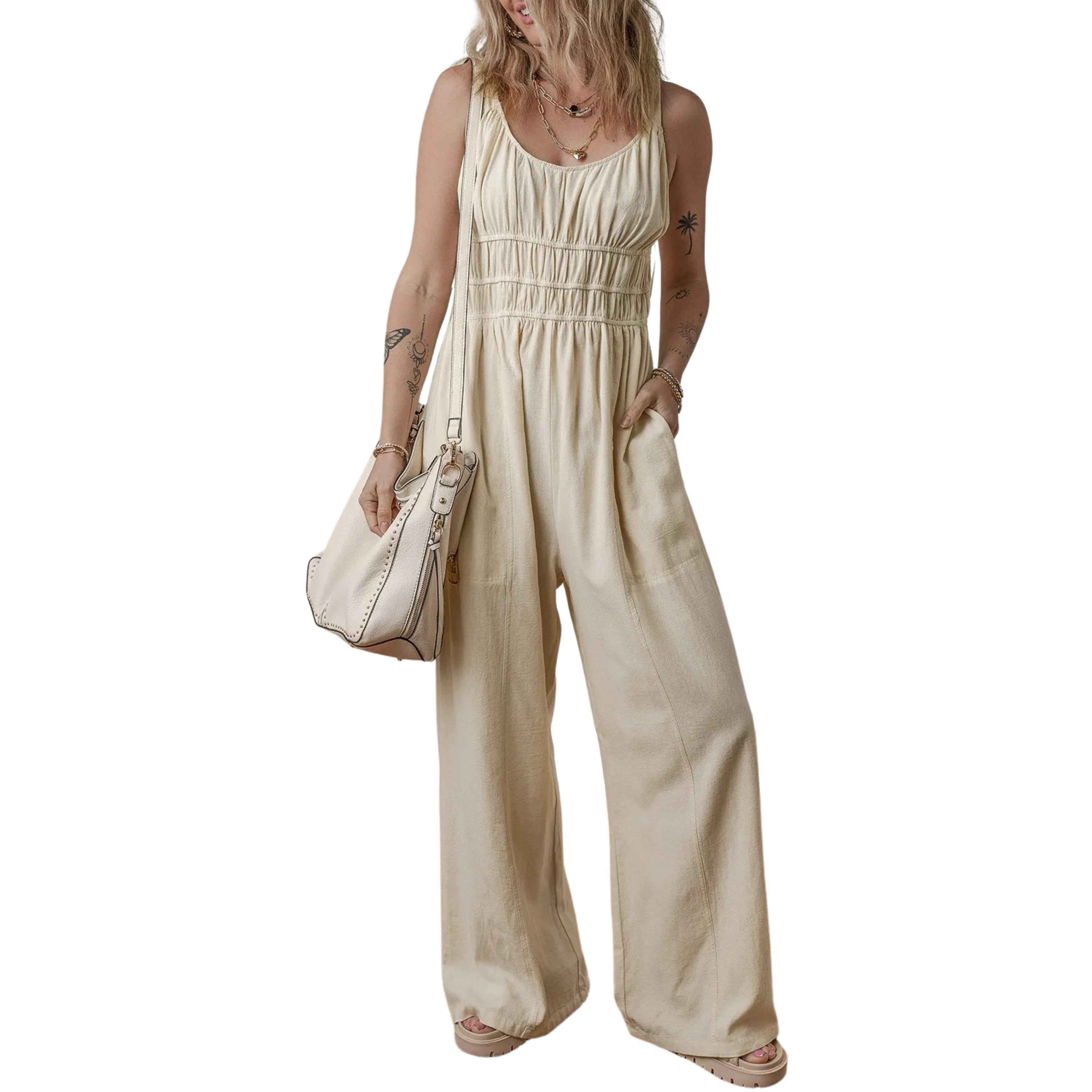 RUCHED SLEEVELESS WIDE-LEG JUMPSUIT