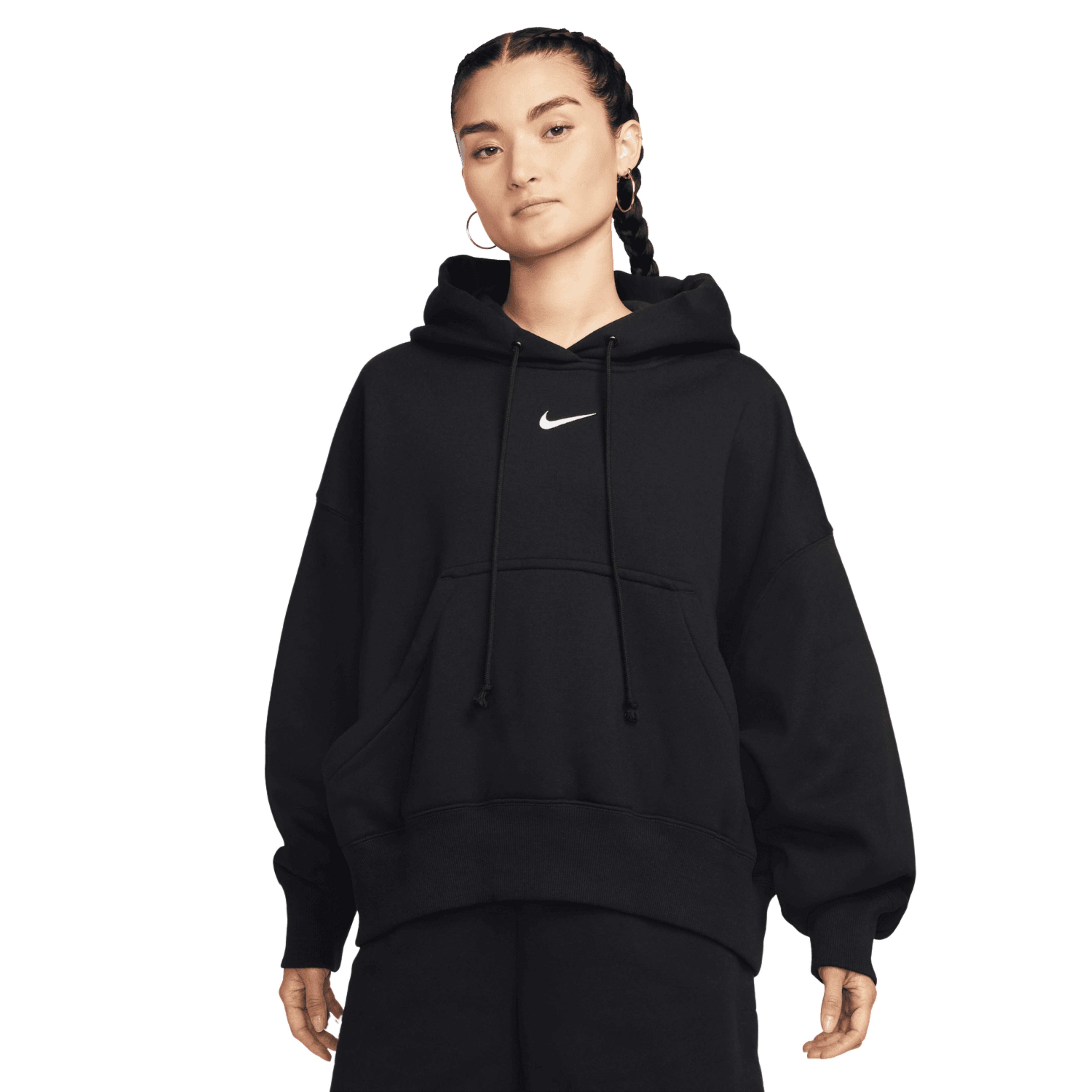 Person wearing a black hoodie with a Nike logo on a white background