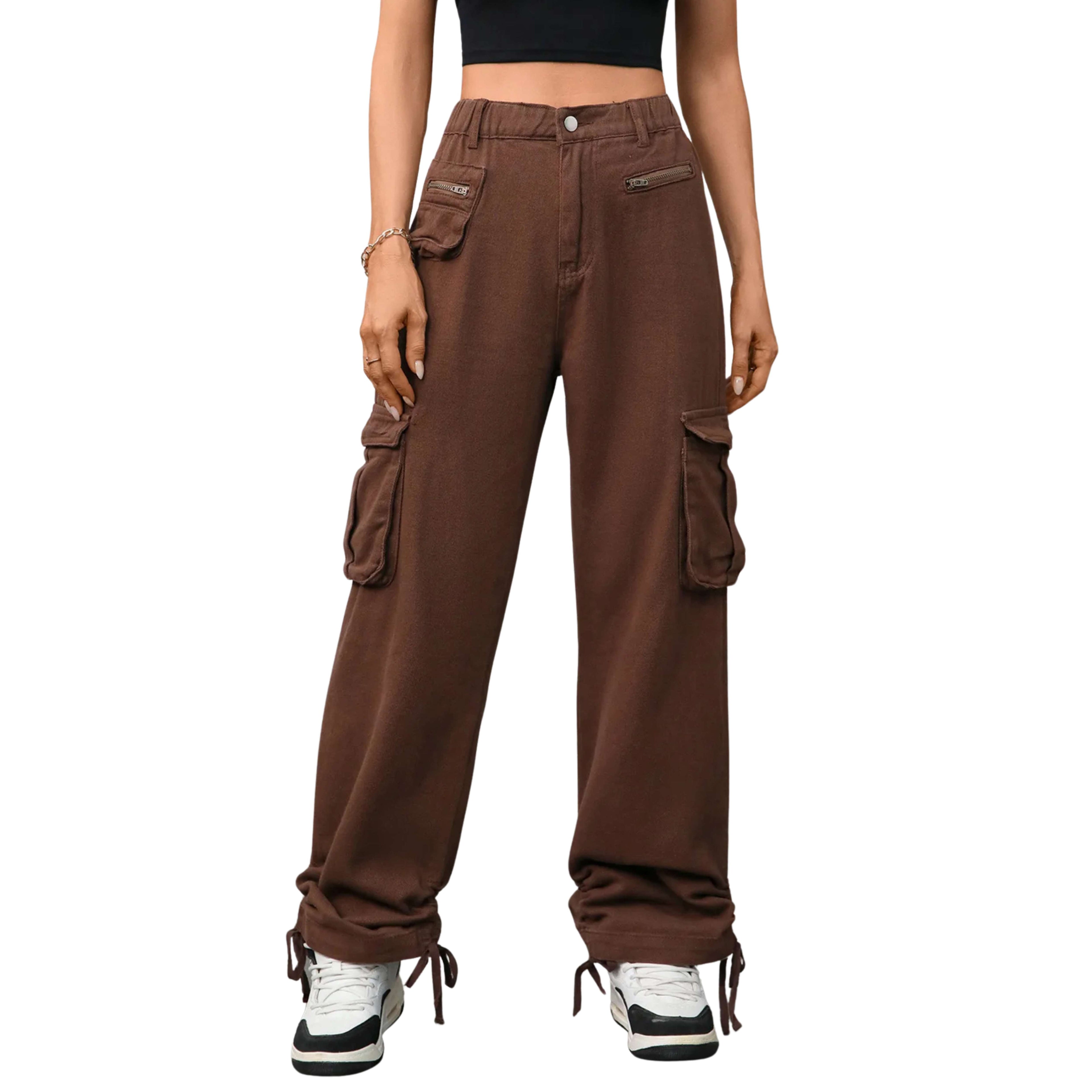 Brown cargo pants worn by a women on a white background