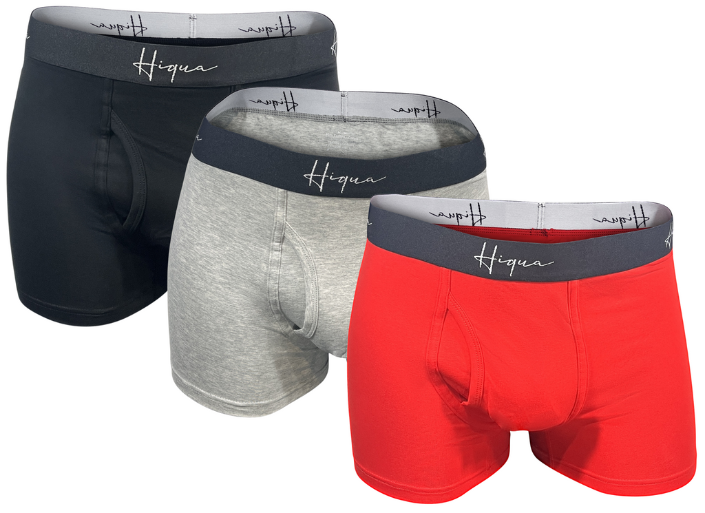 Three pairs of men's boxer briefs in black, gray, and red with 'Hiqua' branding on a white background.