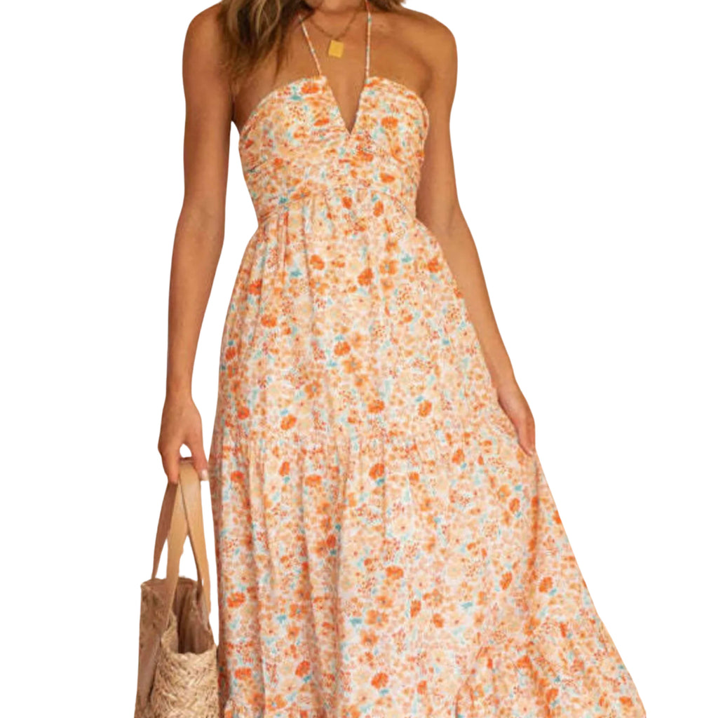 FLORAL HALTER NECK TIERED MAXI DRESS