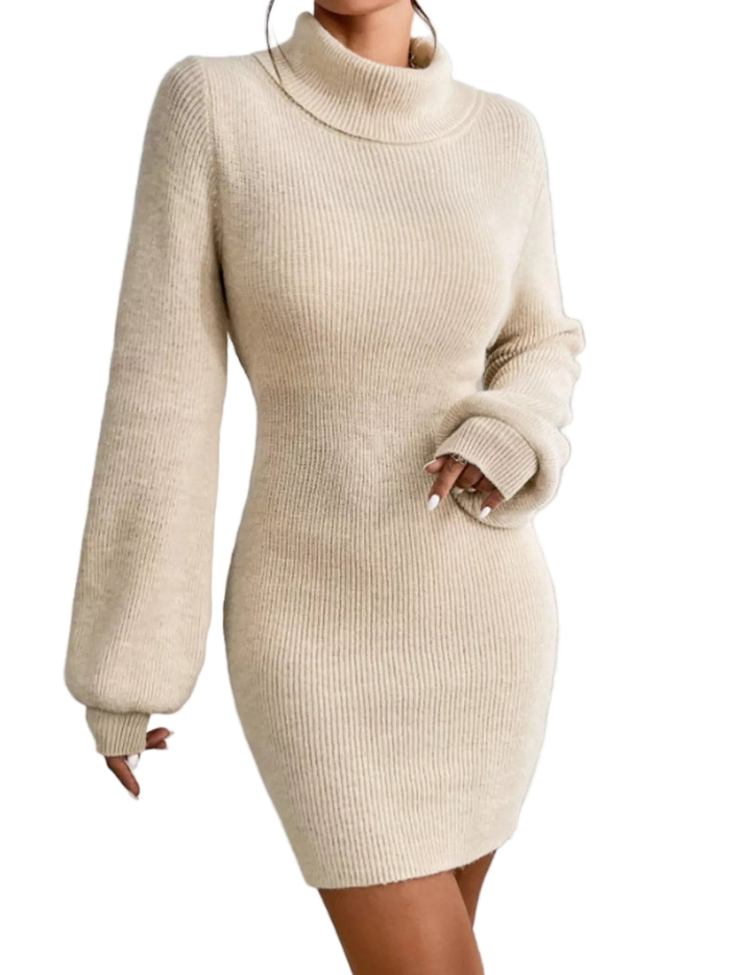Beige knitted dress worn by a person against a white background