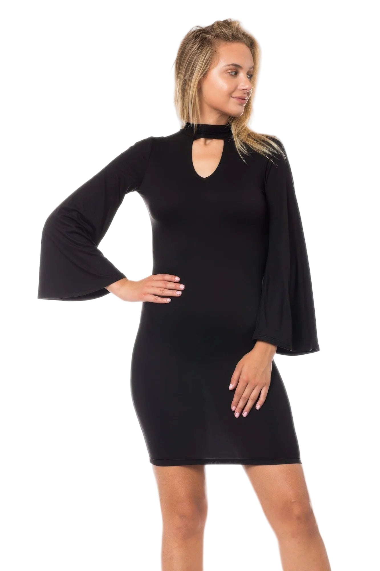 Woman wearing a black dress with bell sleeves on a white background
