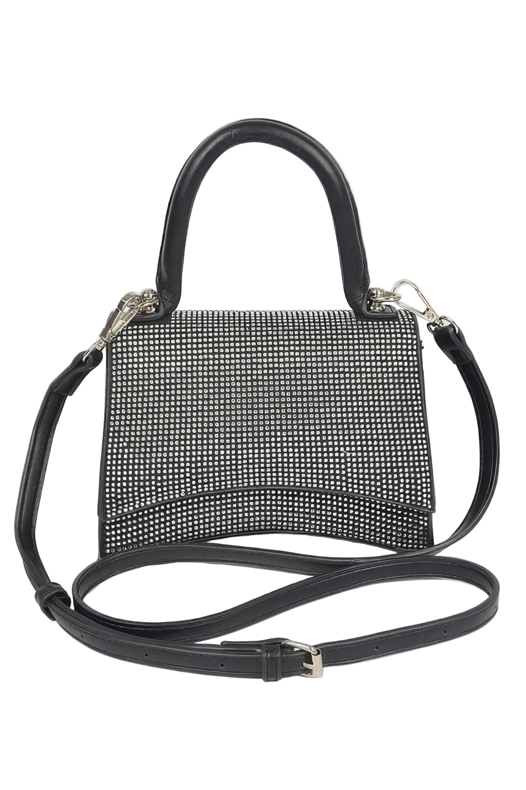 Black handbag with studded detail on a white background