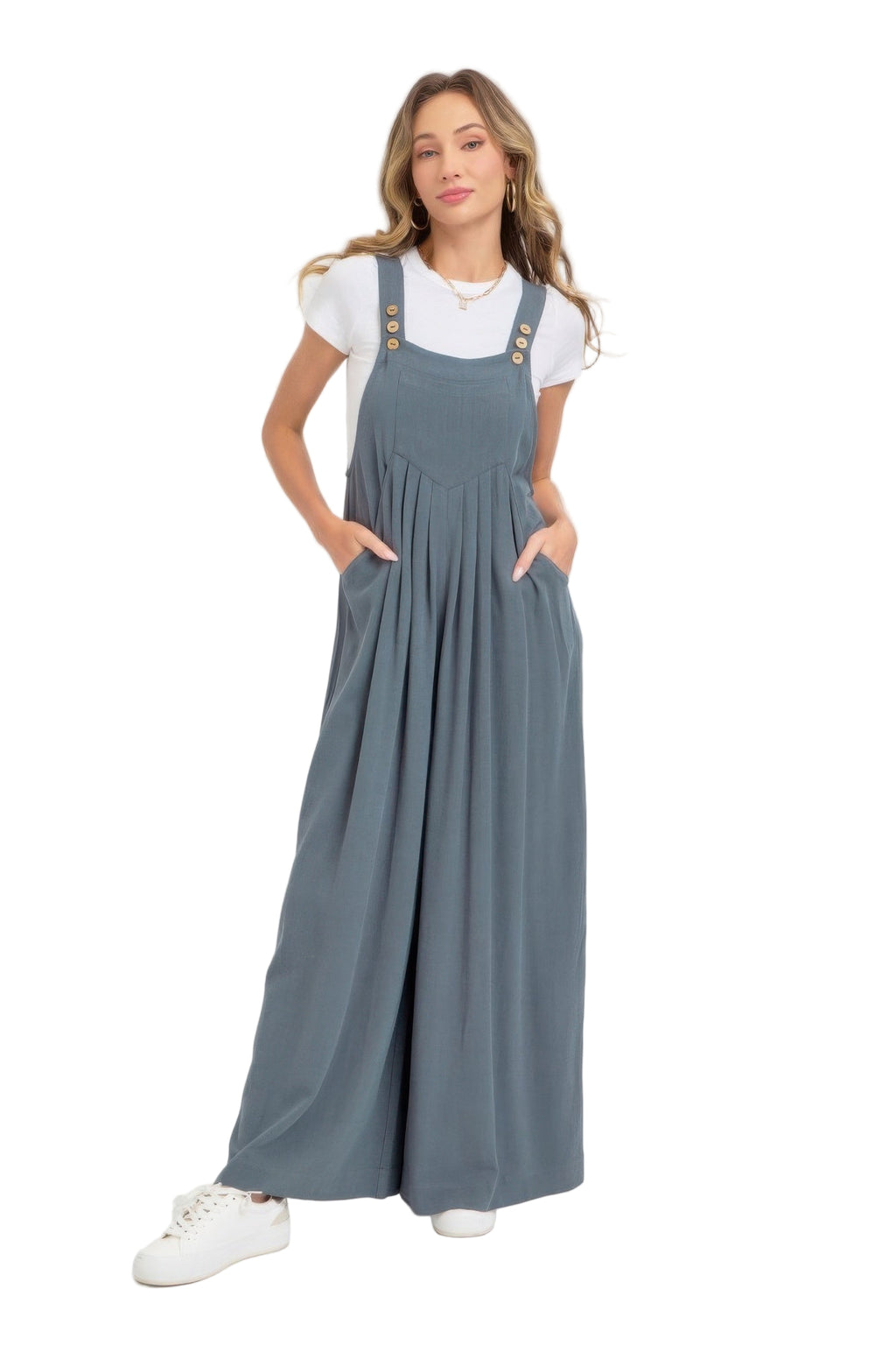 Women wearing a wide leg jumpsuit