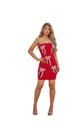 Red strapless dress with white bow designs on a white background