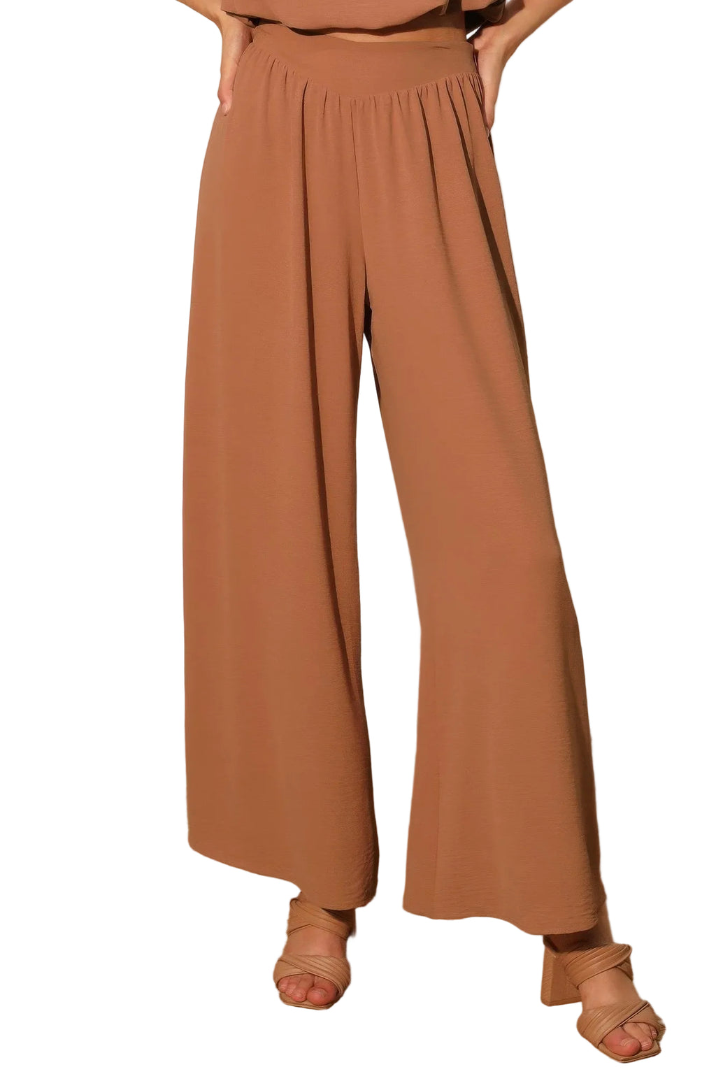 Brown wide-leg pants worn by a person on a neutral background