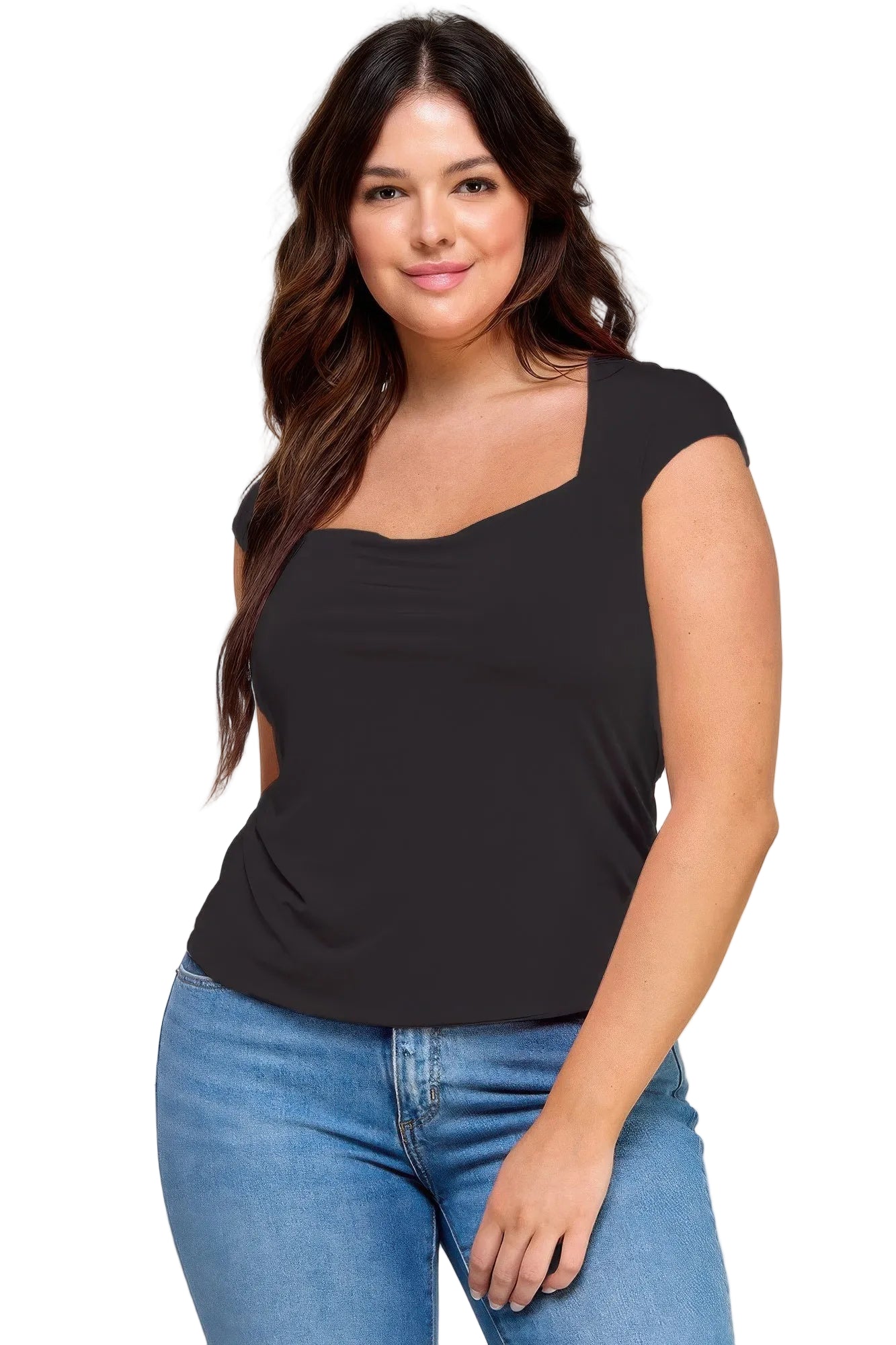 Woman wearing a black sleeveless top and blue jeans on a white background