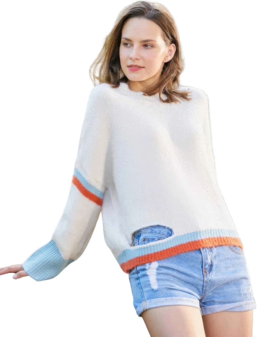 A woman wearing a fuzzy off-white knit sweater with light blue and orange striped accents on the sleeves and hem, paired with light-wash denim shorts, posed against a clean white background.