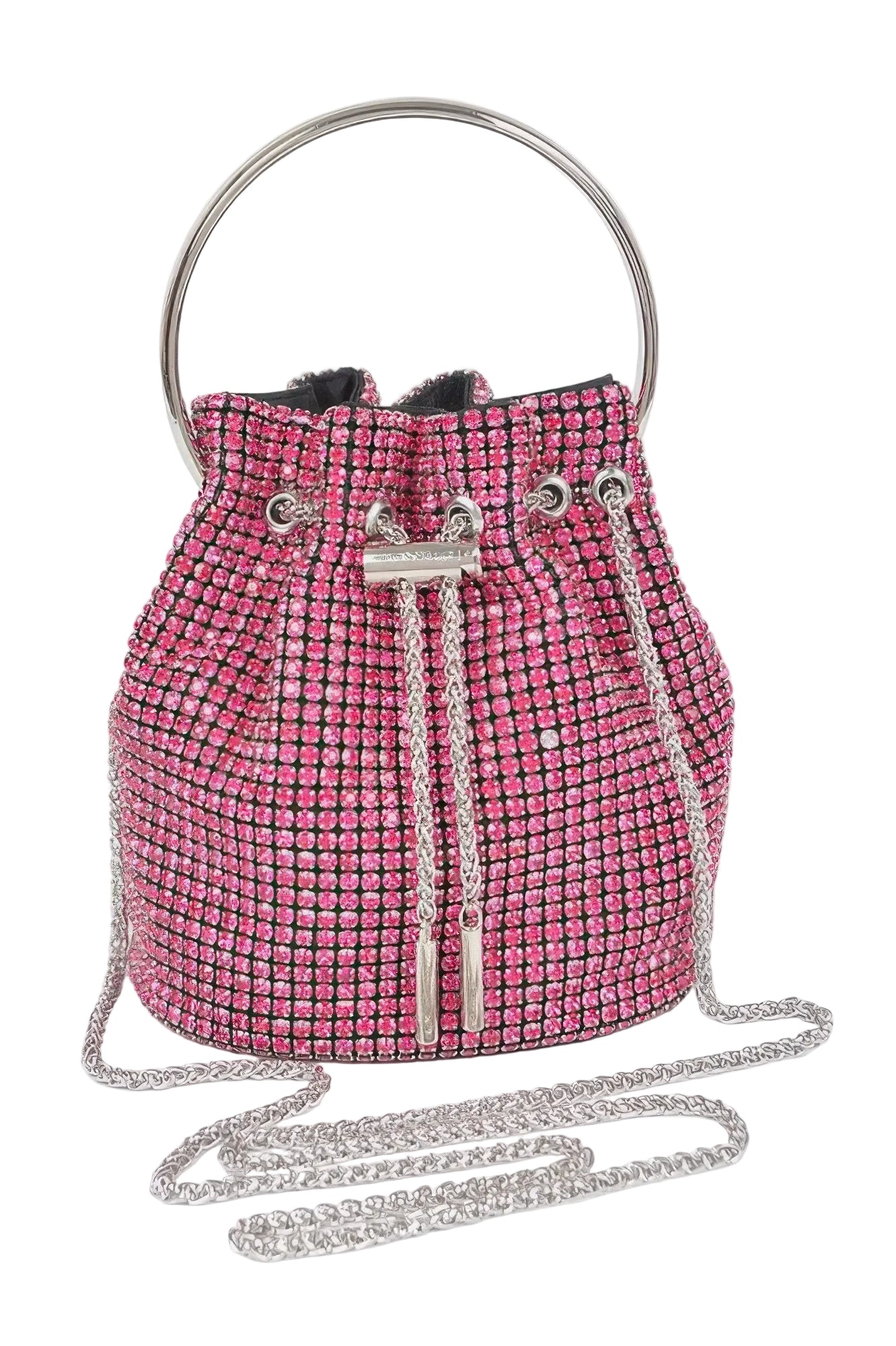 Pink drawstring bag with rhinestone embellishments on a white background