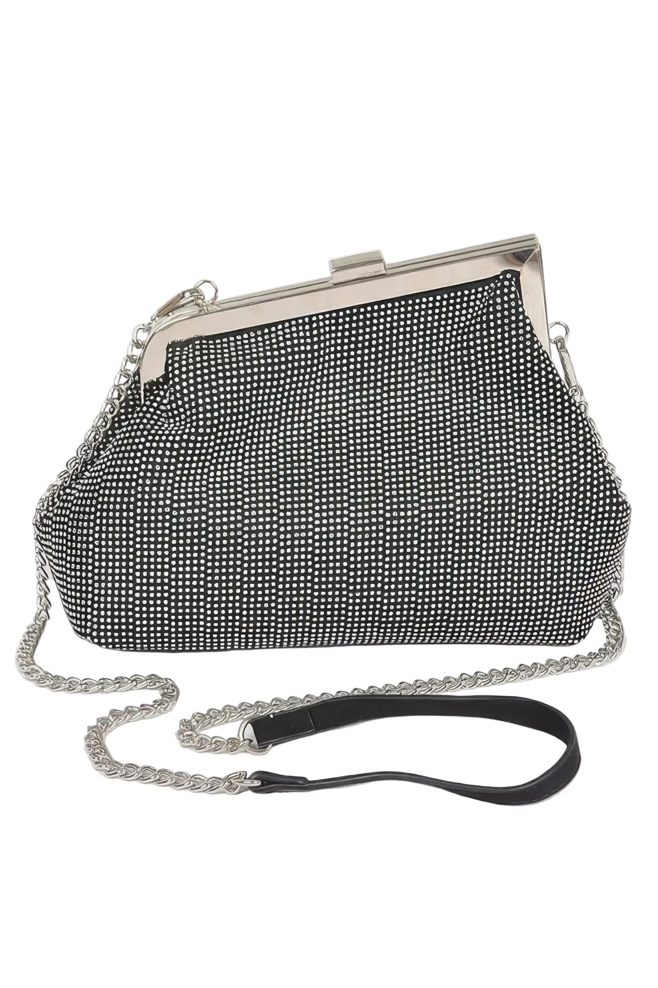 Silver clutch handbag with a chain strap on a white background