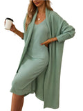 Woman in a green knit outfit