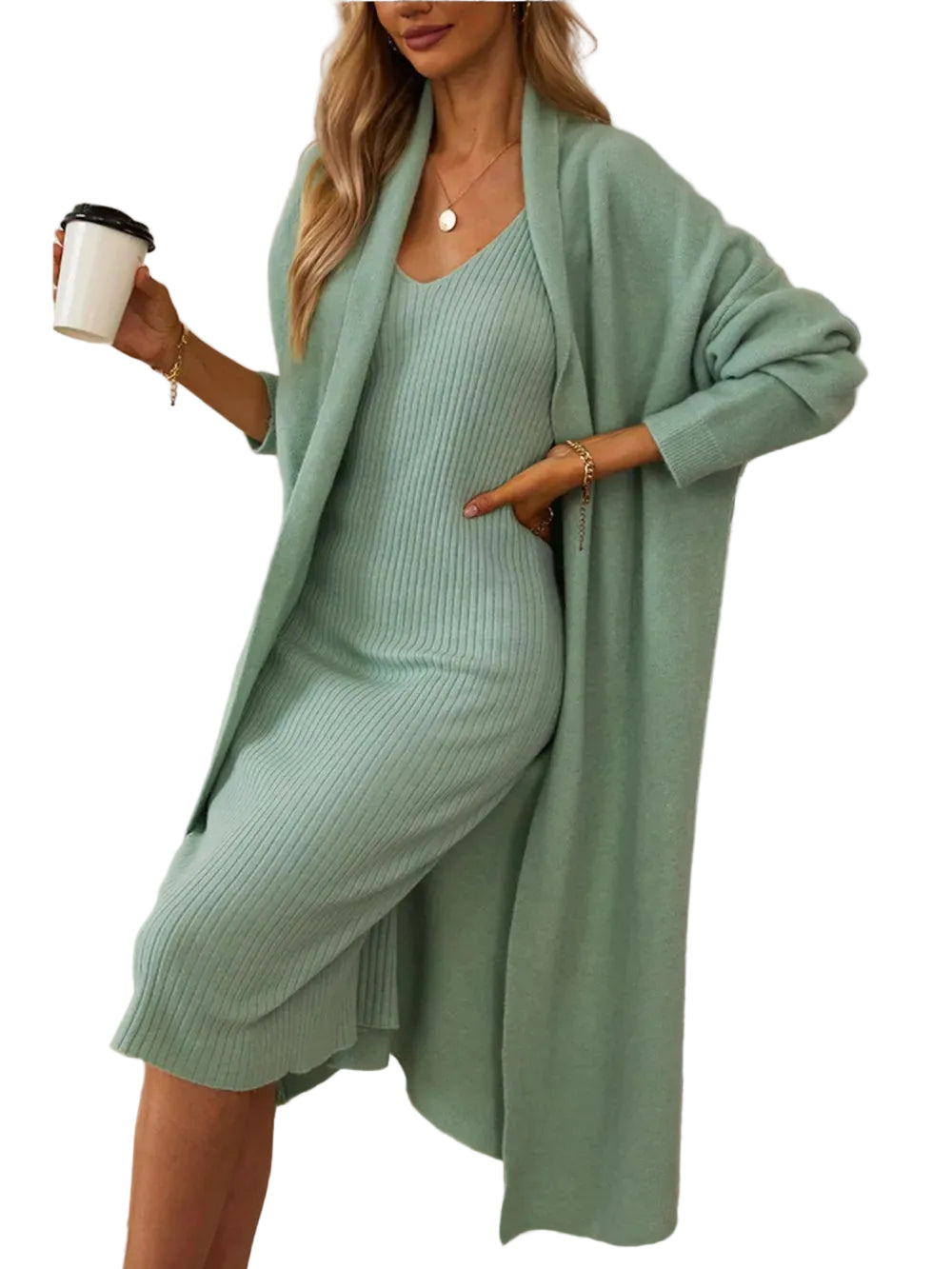 Woman in a green knit outfit