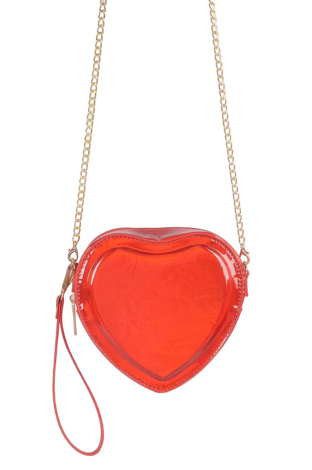 Red heart-shaped handbag with a gold chain on a white background