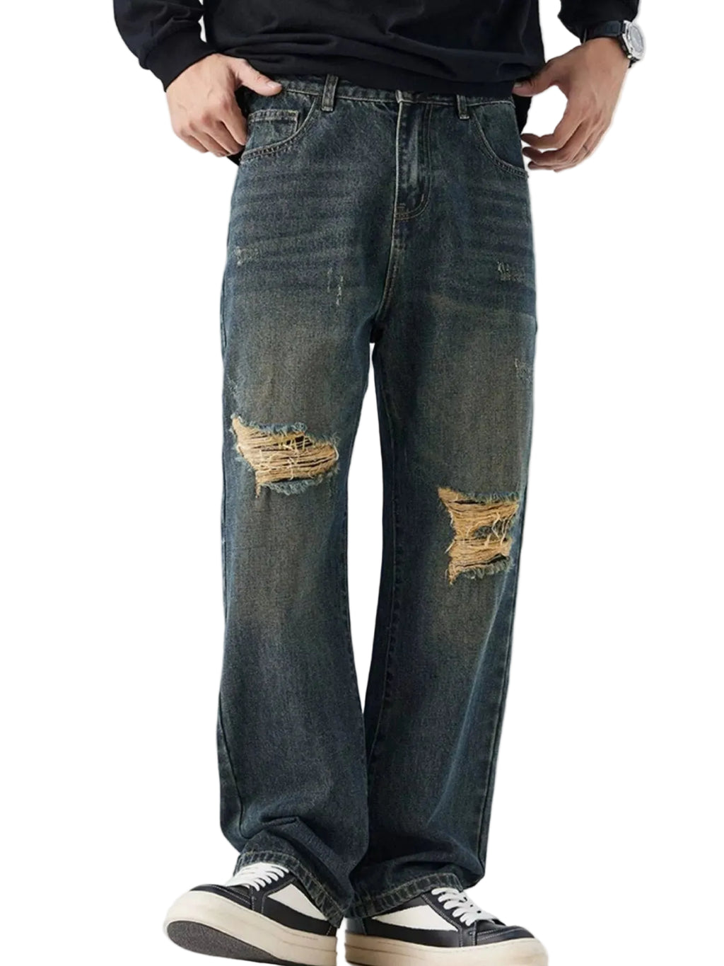 Person wearing distressed jeans on a white background