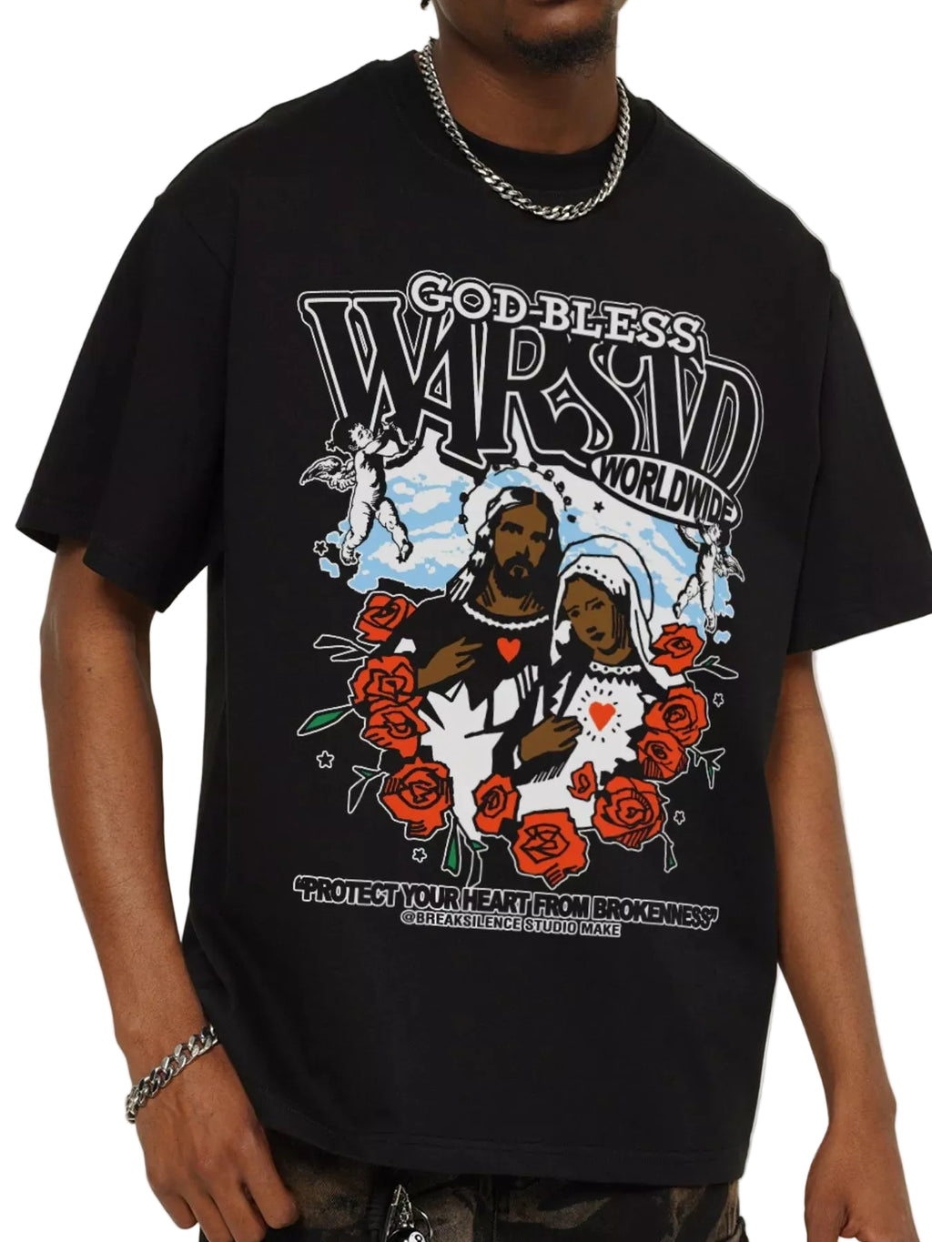 Black t-shirt with graphic design featuring a couple and text on a plain background