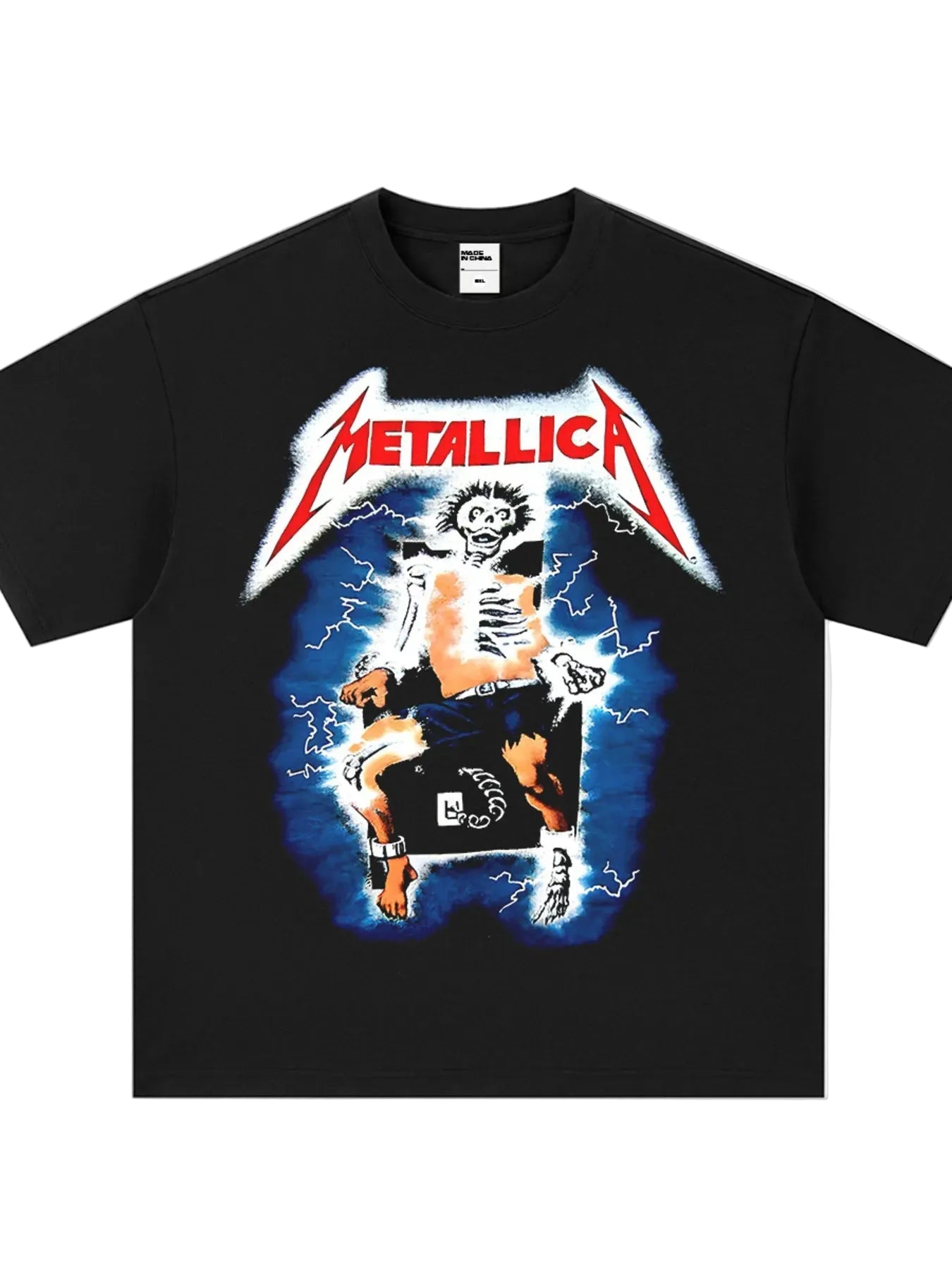Black t-shirt with Metallica graphic design featuring a skeleton holding a guitar.