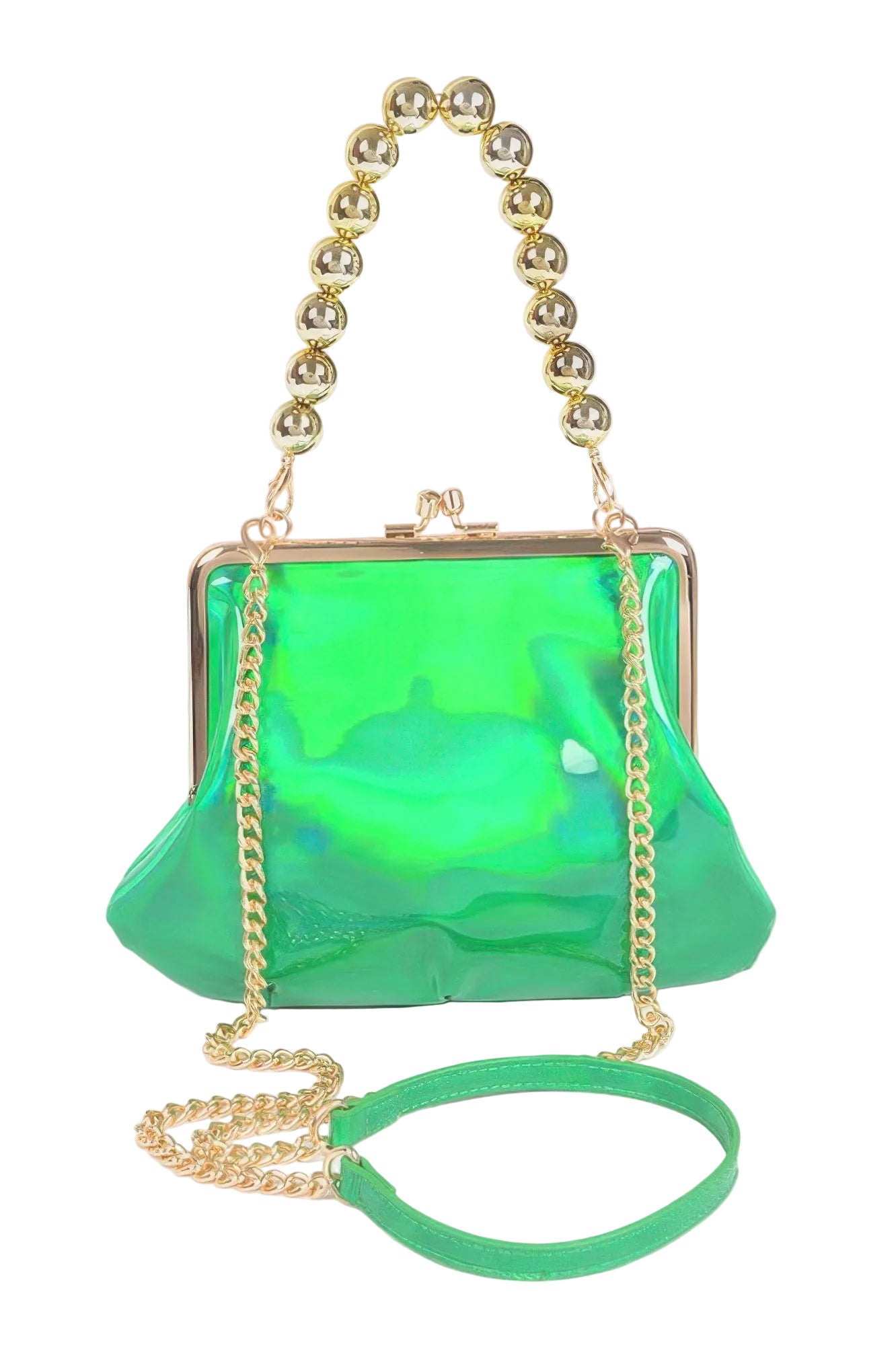Green handbag with gold chain strap on a white background