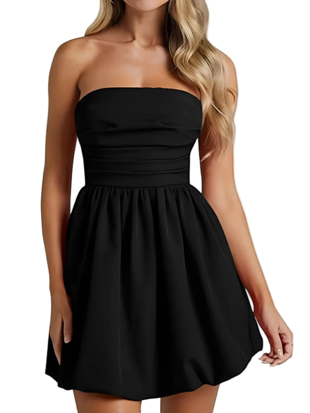 Black strapless dress worn by a model on a white background