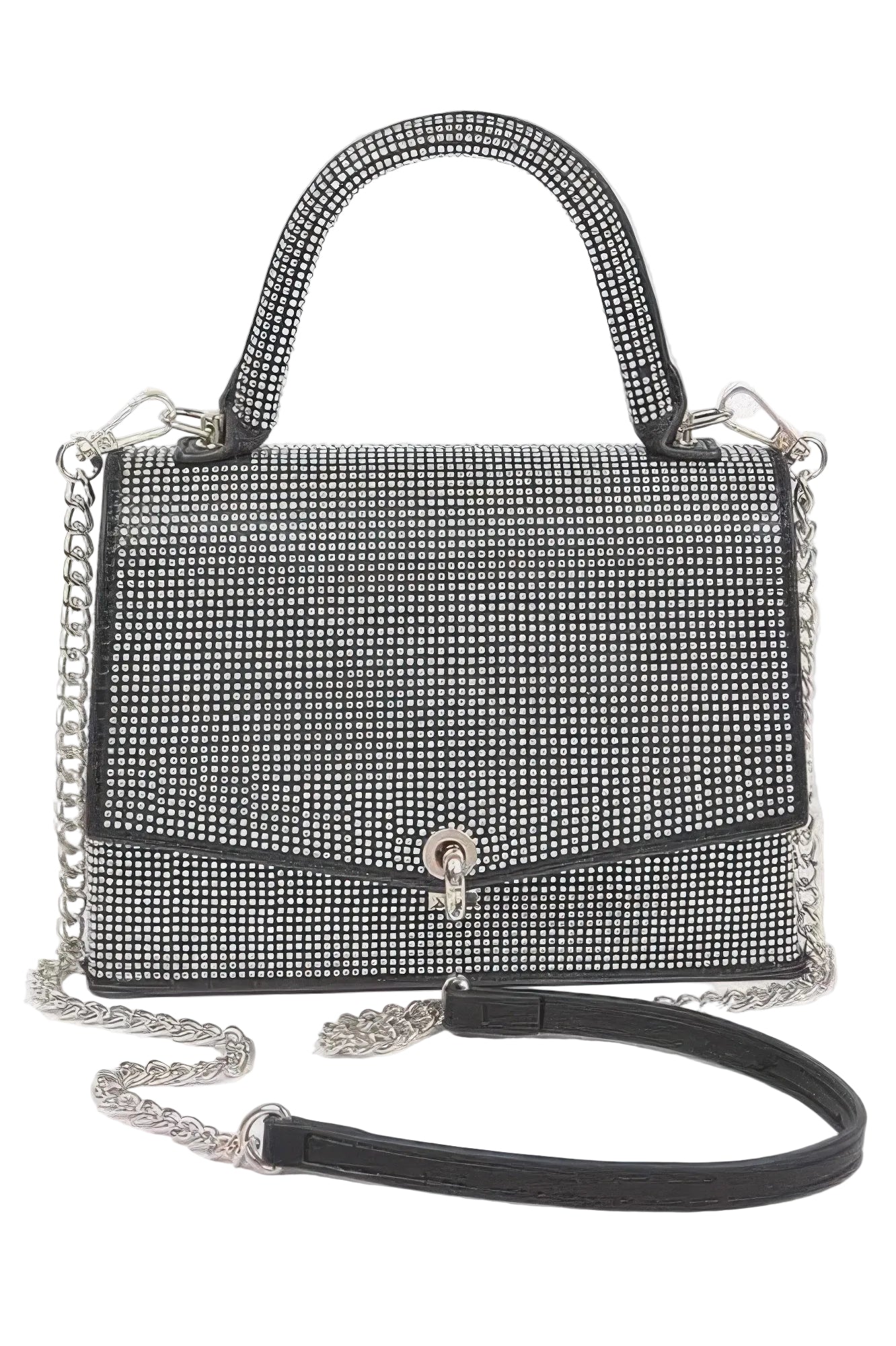 Black handbag with rhinestone embellishments and a chain strap on a white background