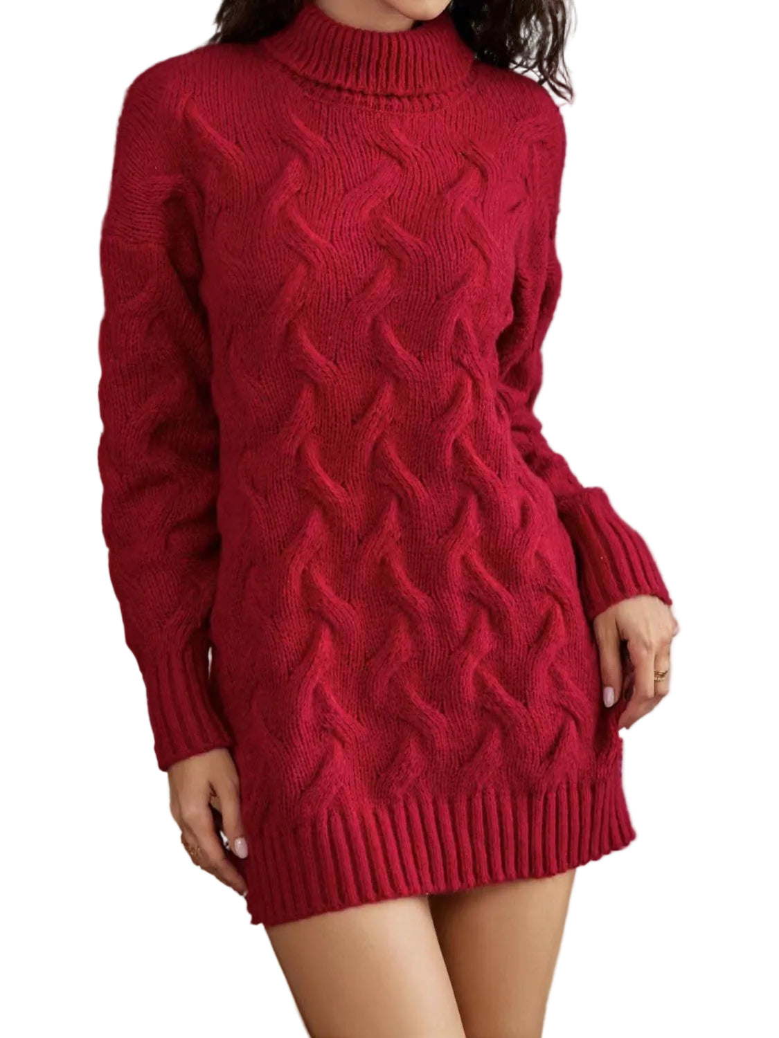 Red cable knit sweater dress worn by a person indoors.