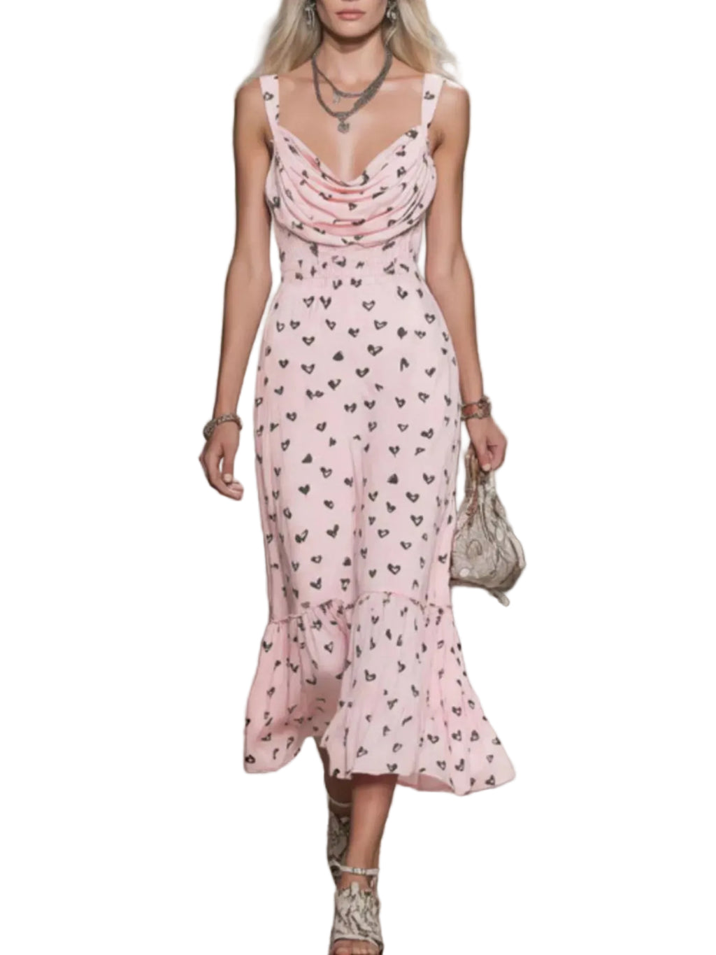 A woman walks down a runway wearing a light pink sleeveless midi dress with a draped neckline and an allover small black heart print. She is holding a textured metallic handbag and wearing silver-toned jewelry.