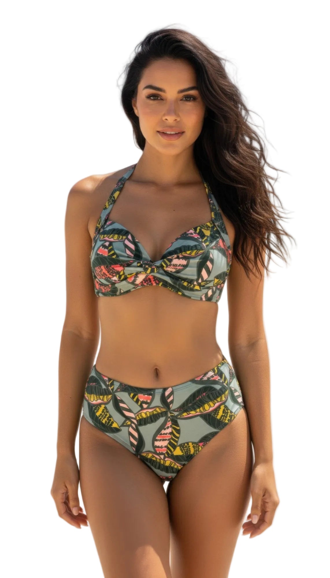 Woman wearing a floral bikini set on a beach