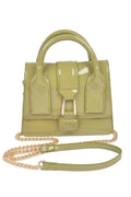Green handbag with a gold chain strap on a white background
