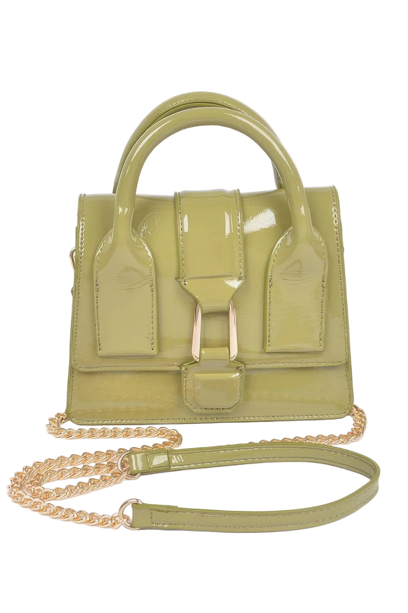 Green handbag with a gold chain strap on a white background