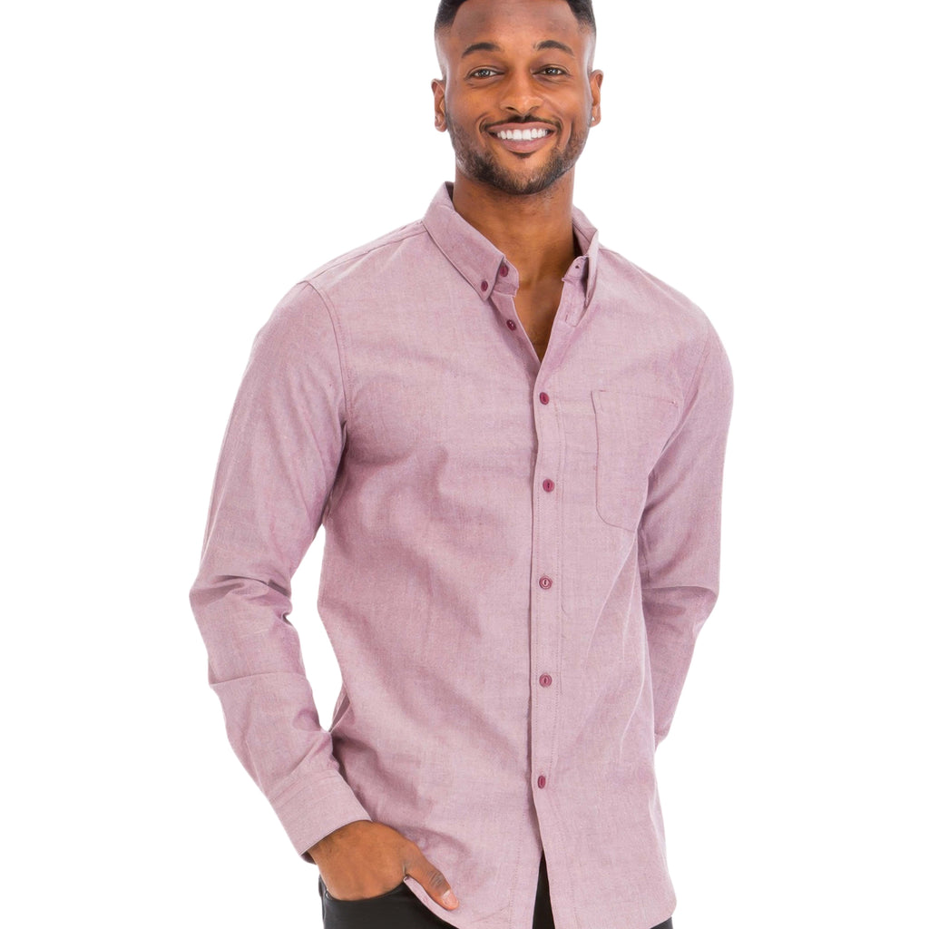 Men’s casual long sleeve shirt in cotton, styled with jeans in outdoor setting. www.urbanitychek.ca