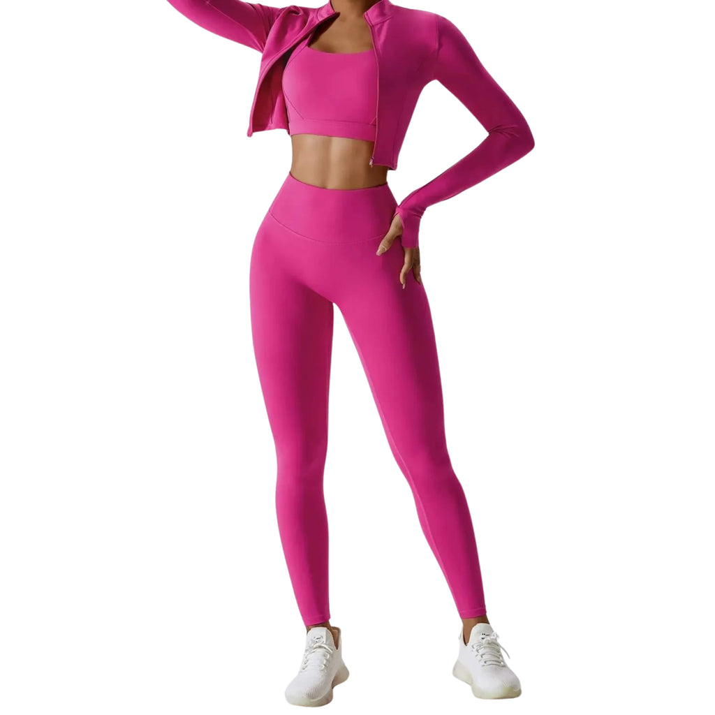 MOISTURE-WICKING BRA, OUTERWEAR, AND LEGGINGS 3-PIECE ACTIVE SET