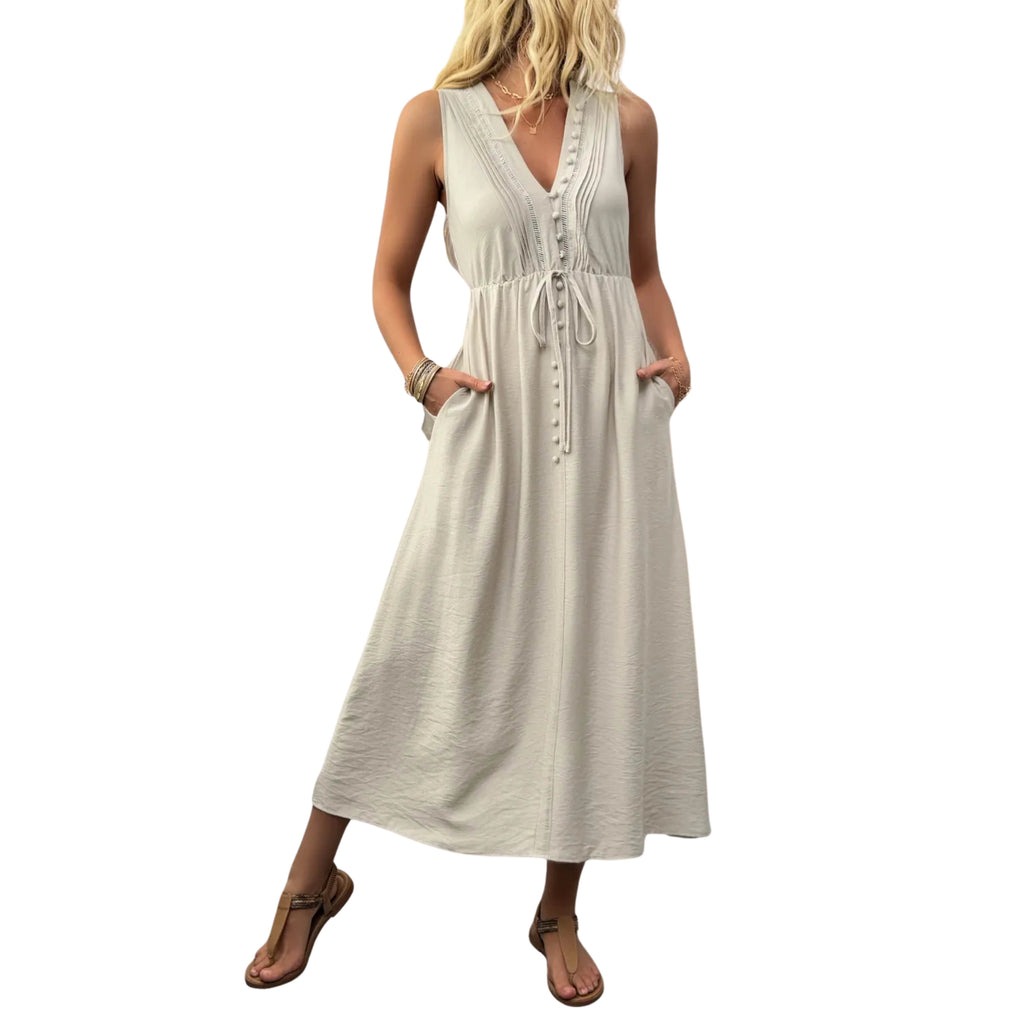 V-NECK SLEEVELESS MIDI DRESS – ELEGANT, FLATTERING & VERSATILE STYLE