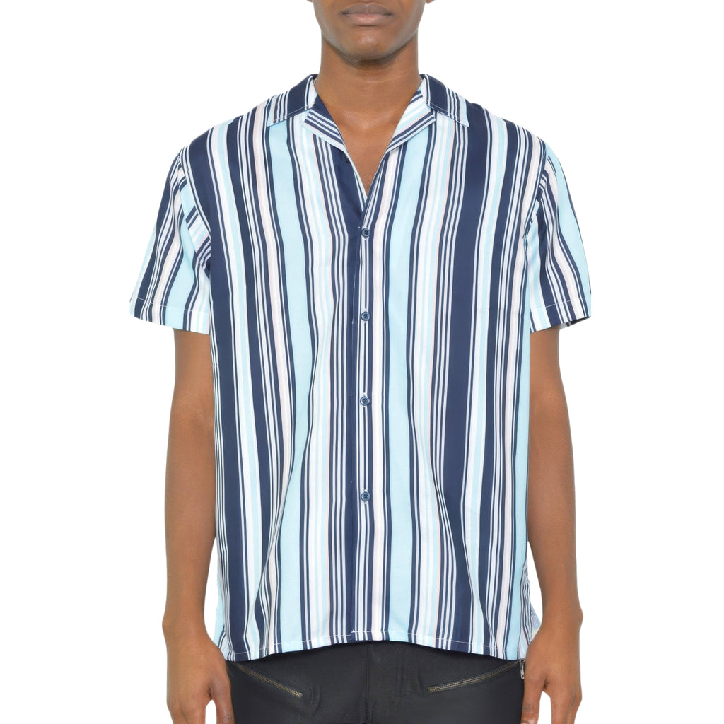 Man wearing a short-sleeve, button-up shirt with blue and white striped pattern on a white background