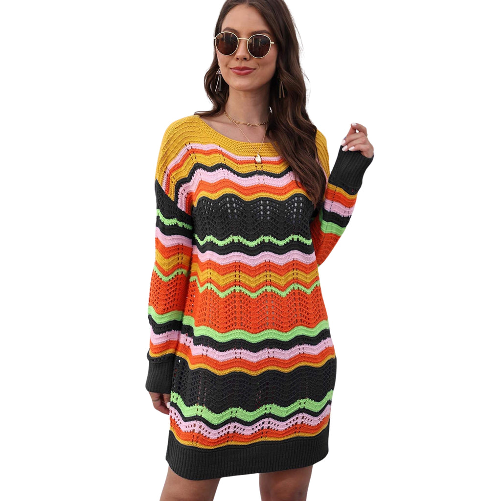 OPENWORK ROUND NECK SWEATER DRESS