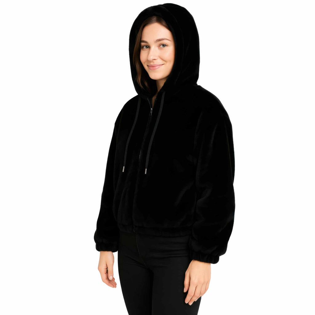 Women's Plush Zip-Up Hooded Jacket Black