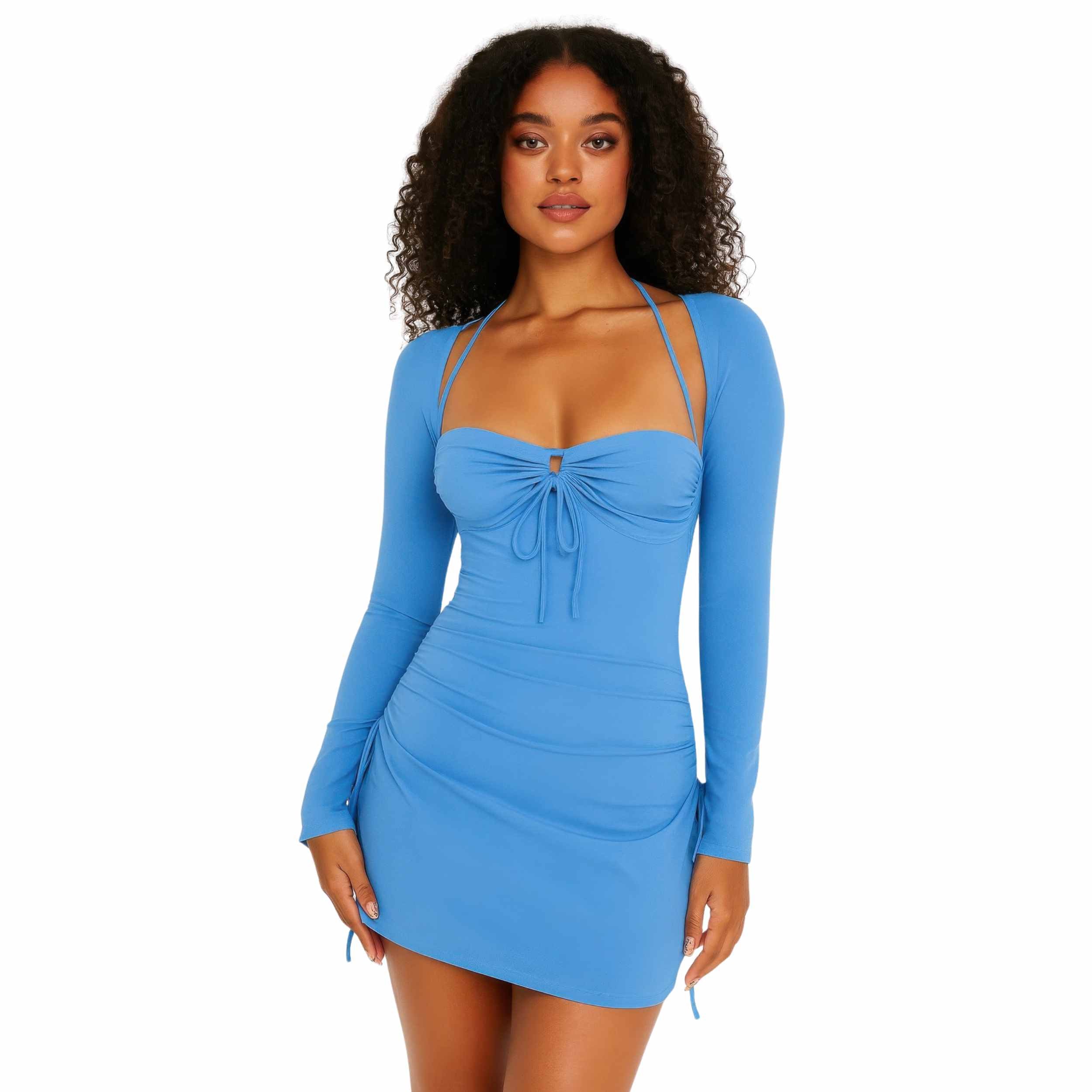 Woman wearing a blue dress with long sleeves on a white background