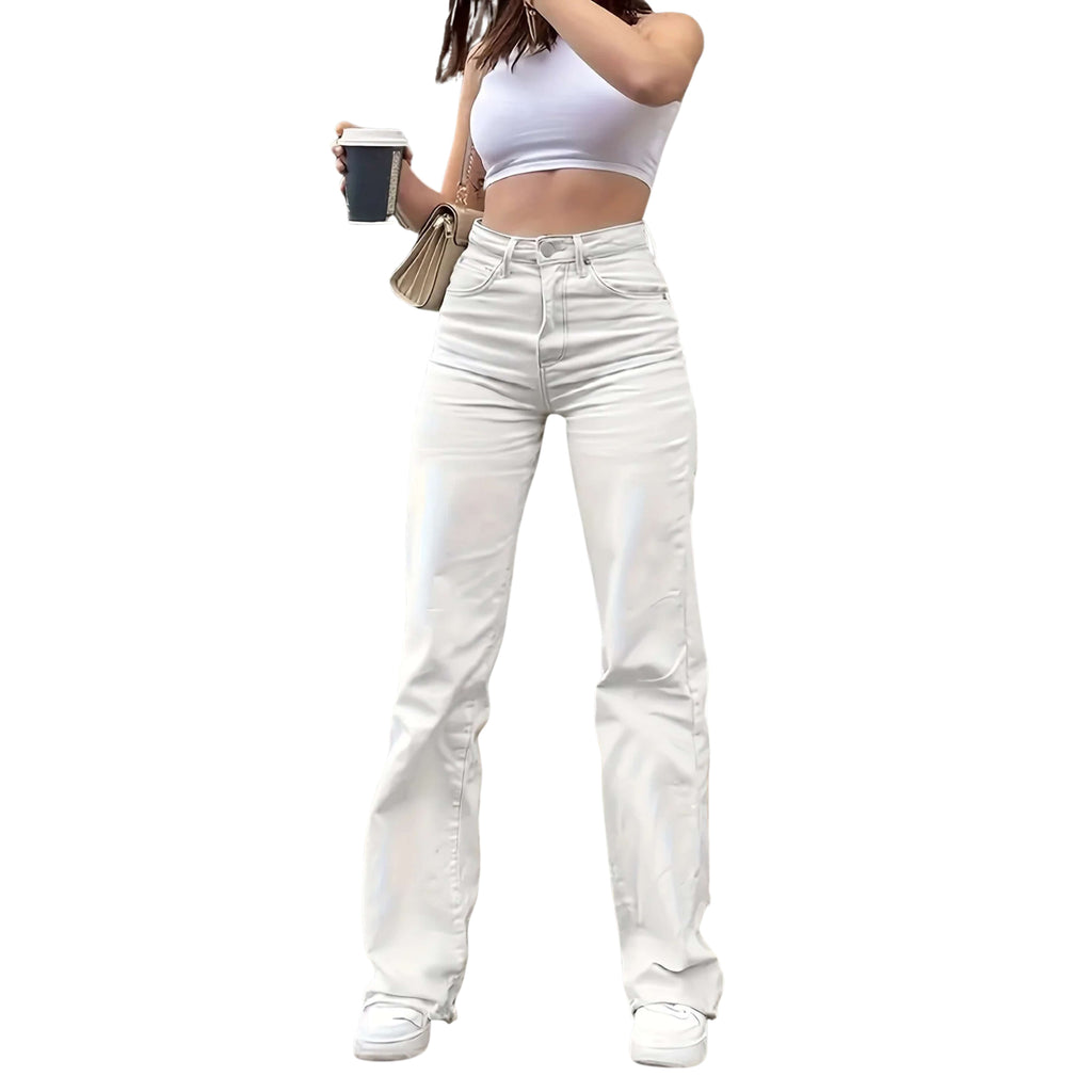 Women wearing white wide leg jeans on a white background
