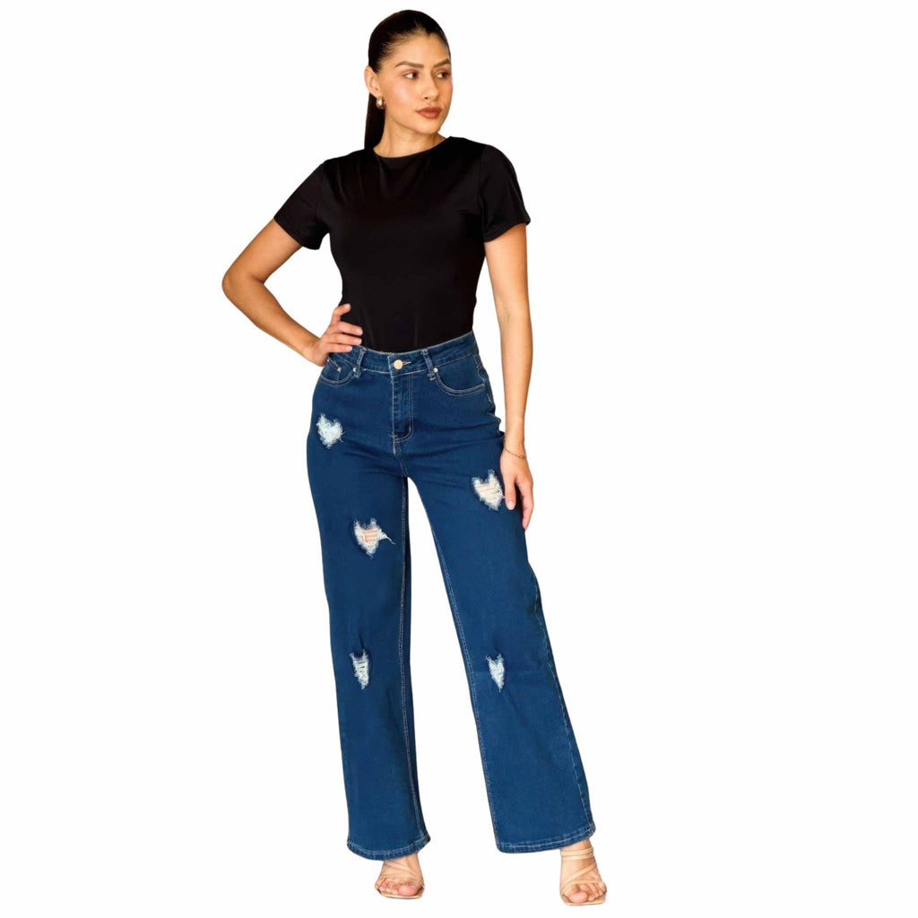 Embroidered Distressed Heart Wide Leg Denim Jean