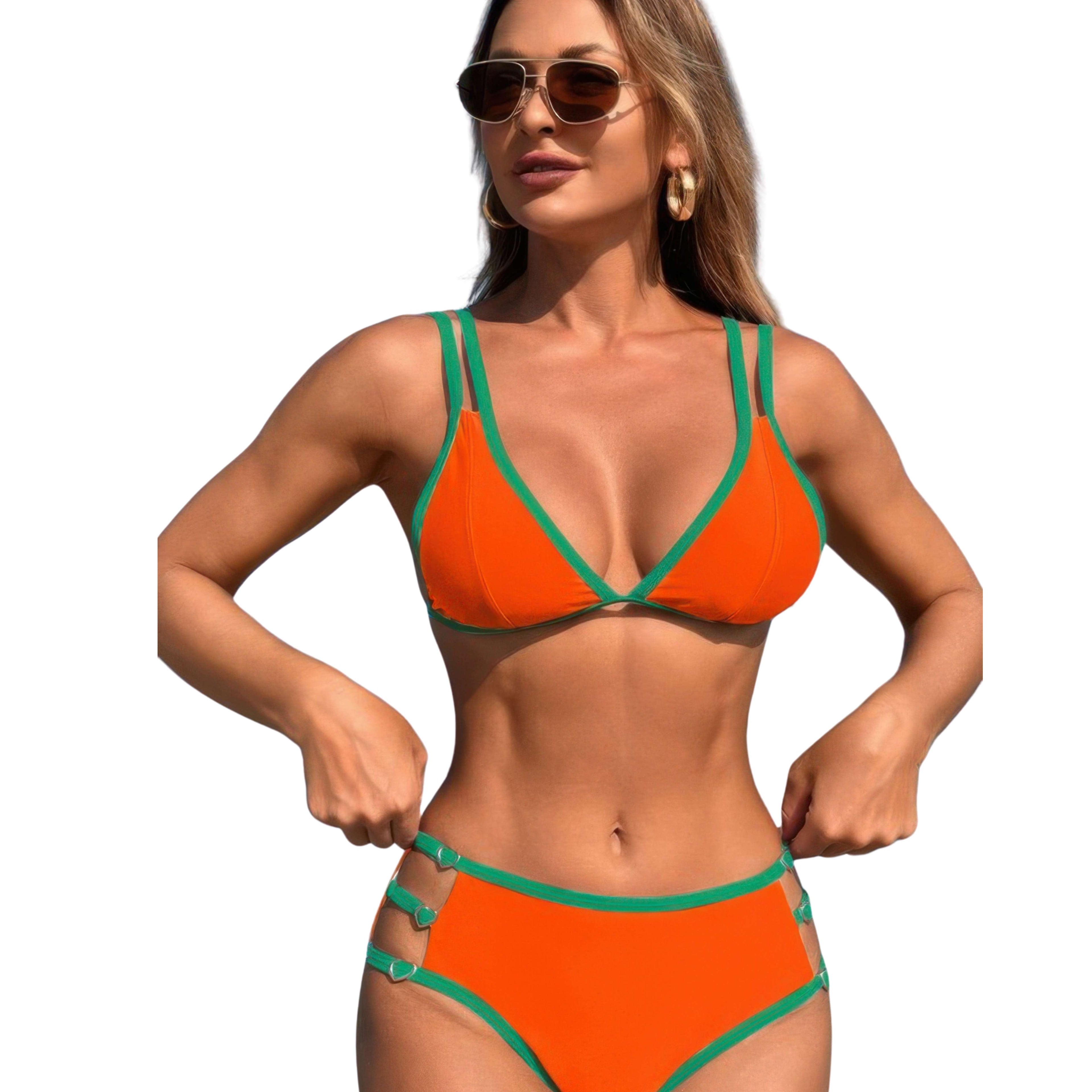 TWO-PIECE COLOR BLOCK CUT-OUT BACK KNOT BIKINI