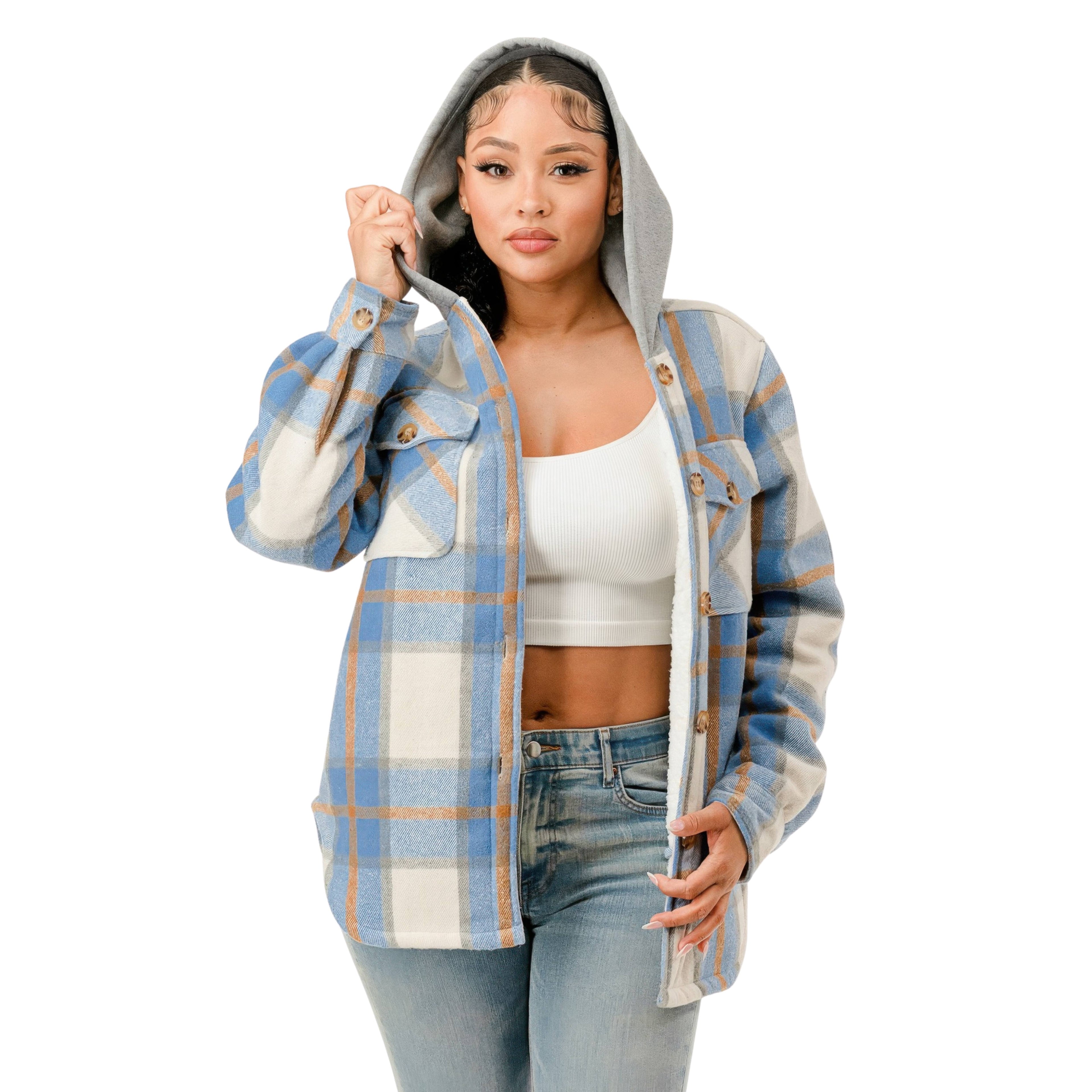 Women Wearing a Warm Hooded Jacket with white background