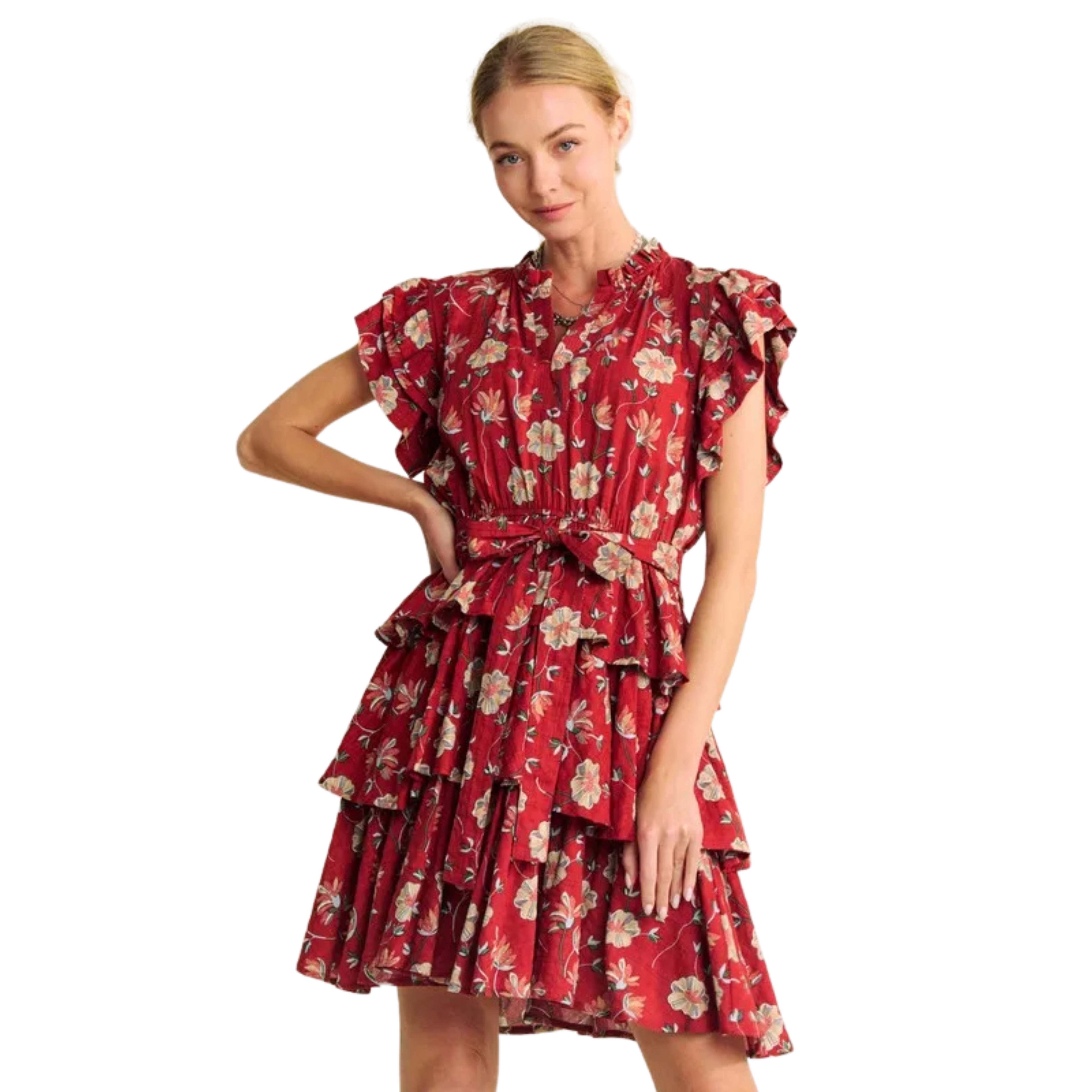 RUFFLE FLUTTER SLEEVE TIE BELT TIERED MINI DRESS