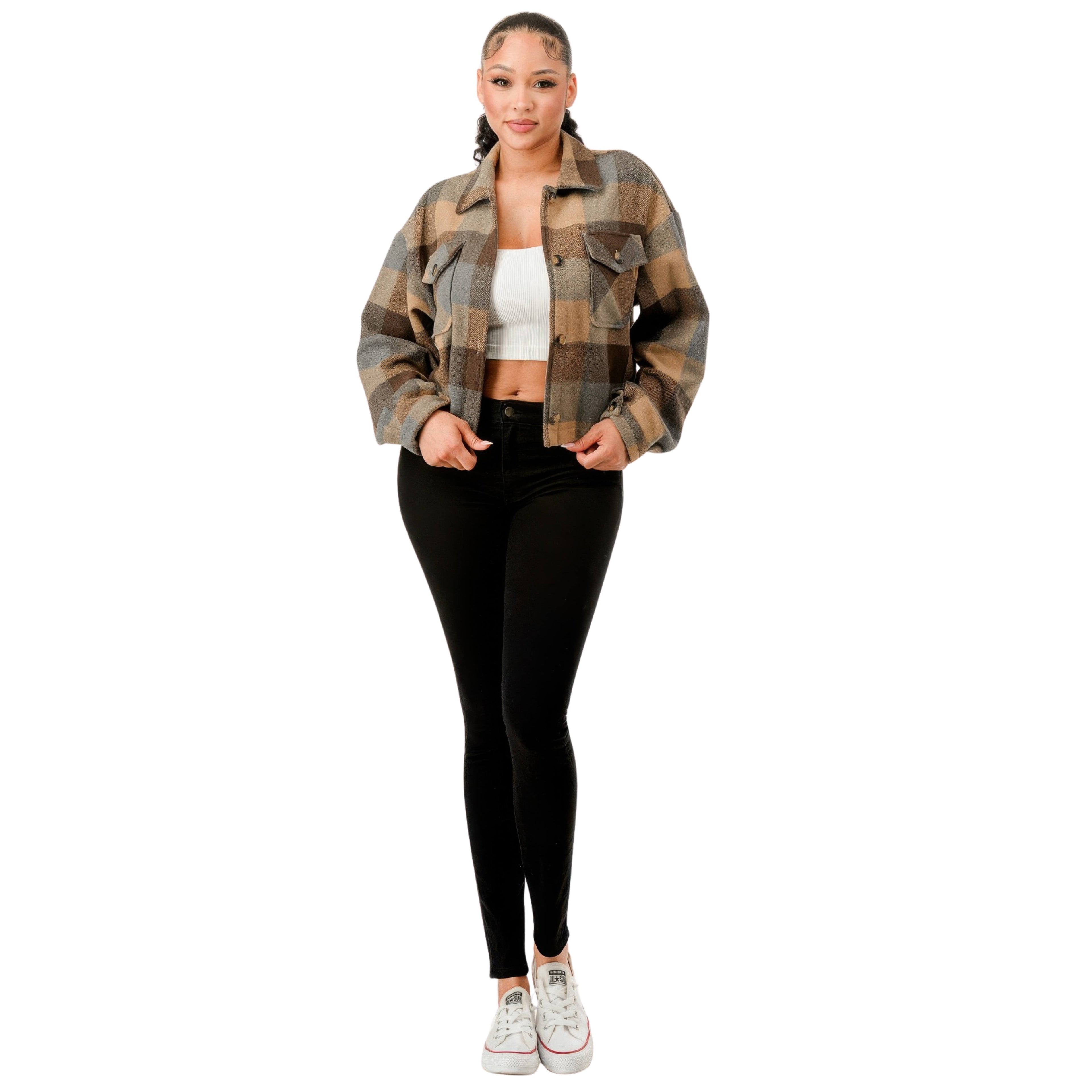 Women wearing a cropped warm jacket with white background