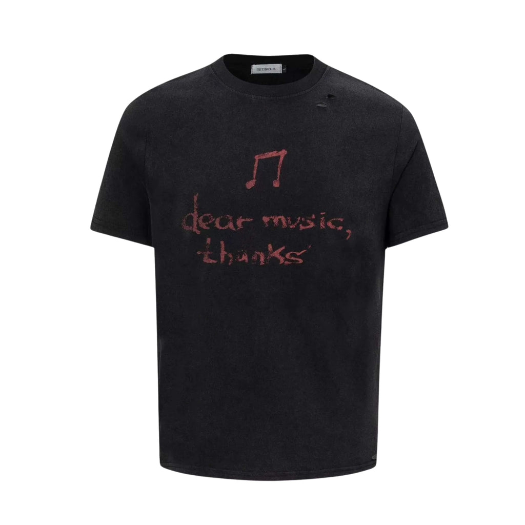 Black t-shirt with red text and musical note on a white background