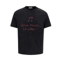 Black t-shirt with red text and musical note on a white background