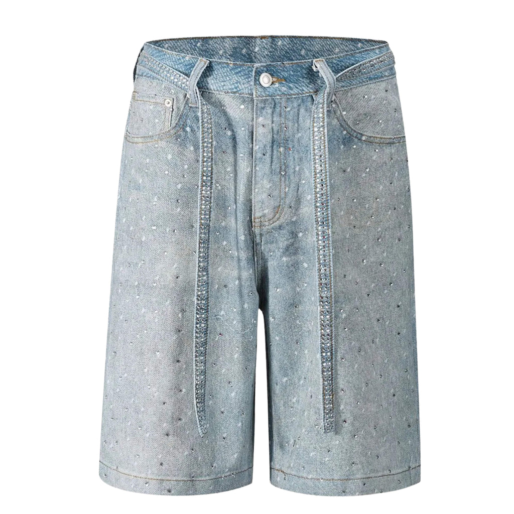 Denim shorts with a subtle pattern on a white background