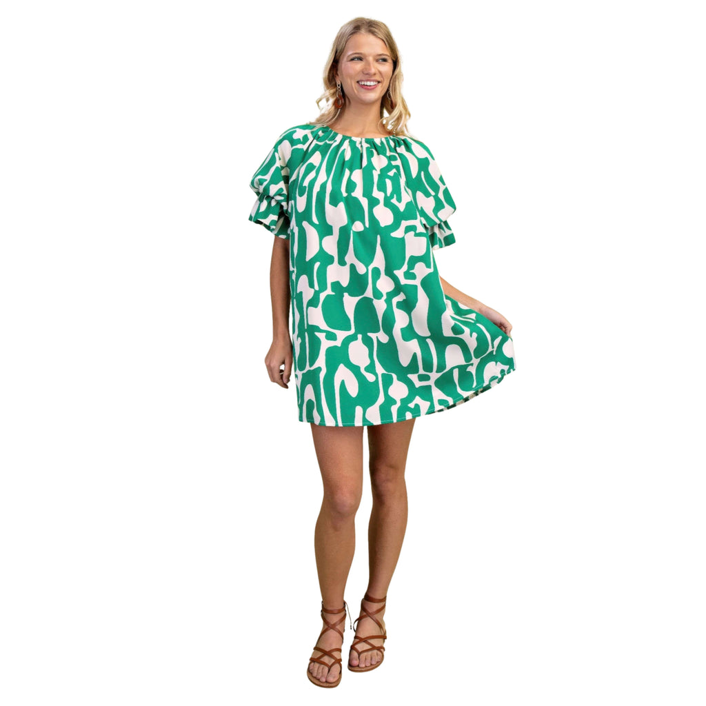 GEOMETRIC PRINT LOOSE FIT MINI DRESS WITH GATHERED BALLOON SLEEVES